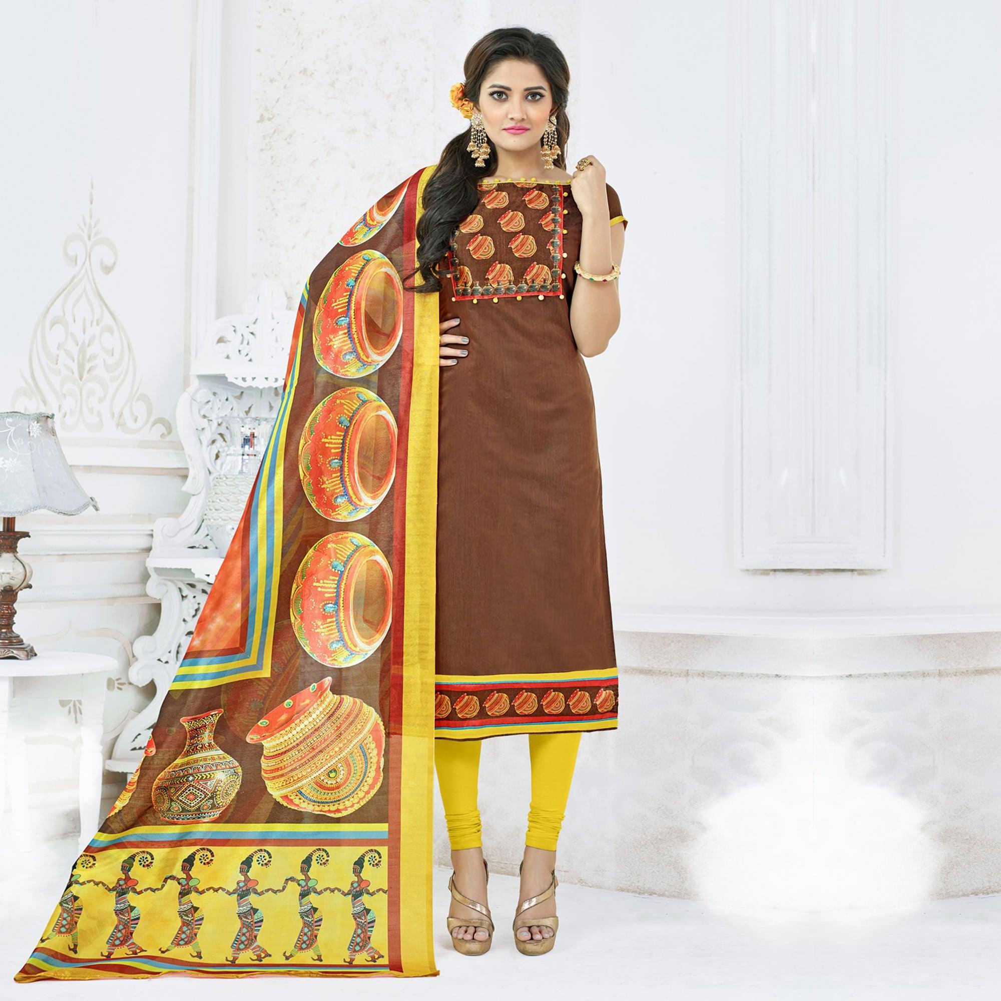 Blooming Brown Colored Casual Printed Chanderi Dress Material - Peachmode