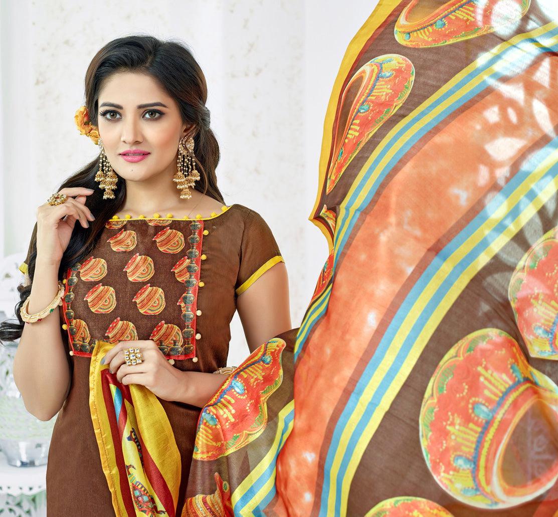 Blooming Brown Colored Casual Printed Chanderi Dress Material - Peachmode