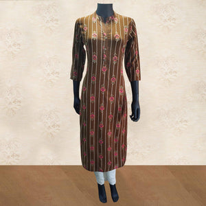 Blooming Brown Colored Partywear Floral Printed Rayon Kurti-Pant Set - Peachmode