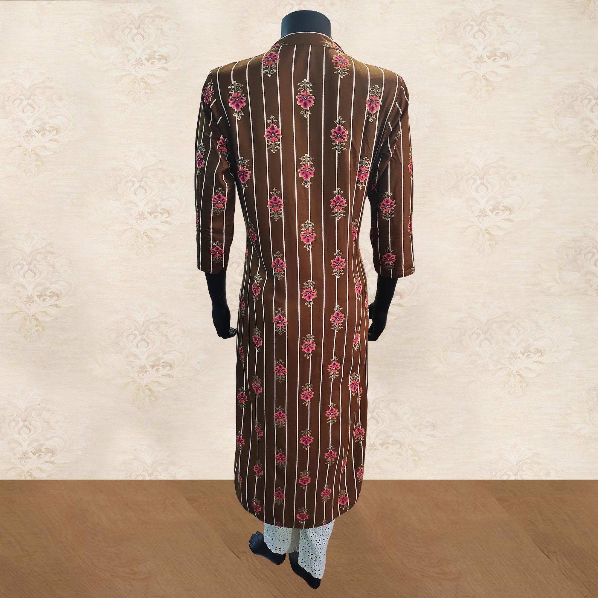 Blooming Brown Colored Partywear Floral Printed Rayon Kurti-Pant Set - Peachmode