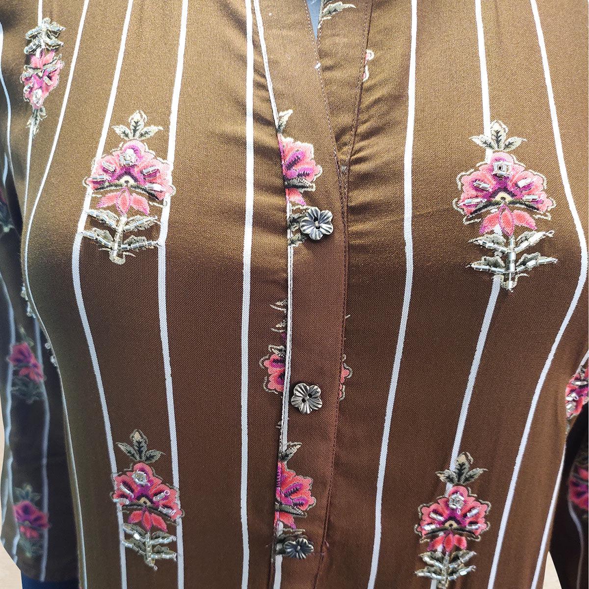 Blooming Brown Colored Partywear Floral Printed Rayon Kurti-Pant Set - Peachmode