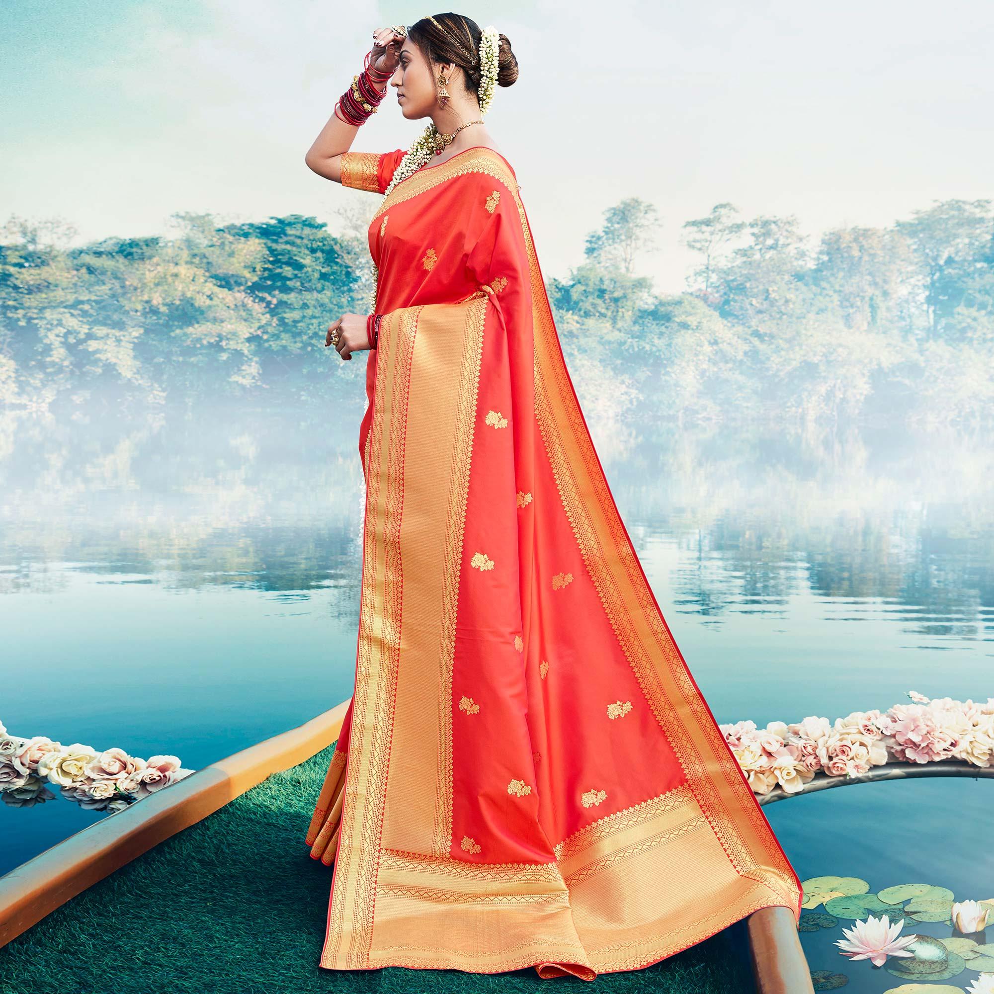 Blooming Coral Colored Festive Wear Woven Banarasi Silk Saree - Peachmode
