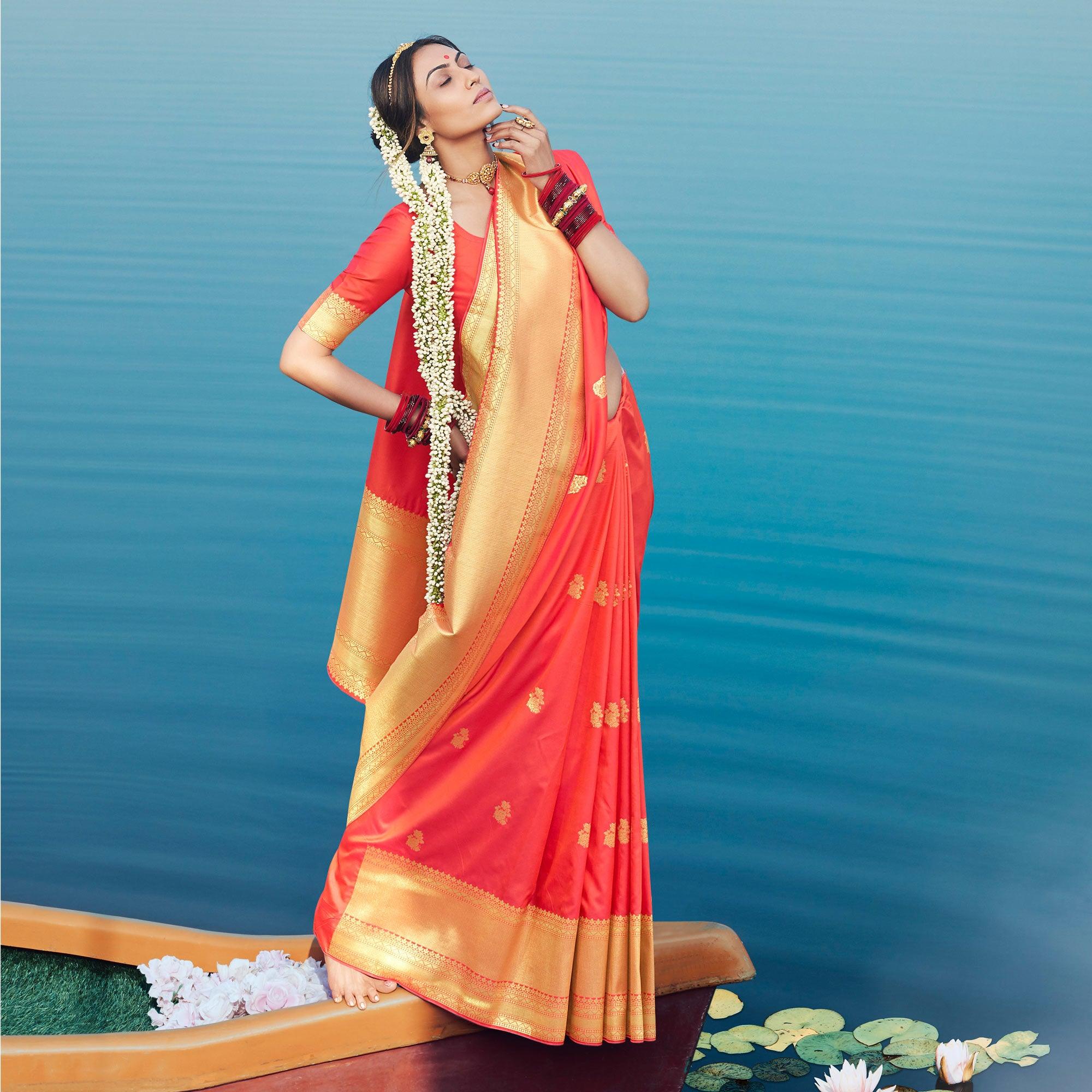 Blooming Coral Colored Festive Wear Woven Banarasi Silk Saree - Peachmode