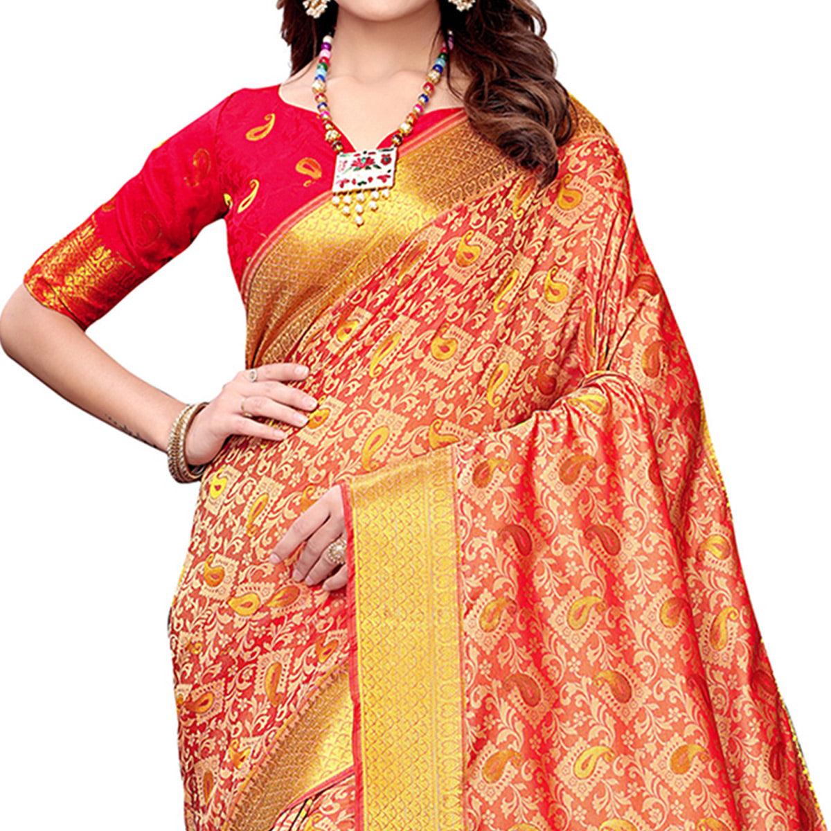 Blooming Coral Red Colored Festive Wear Woven Silk Saree - Peachmode
