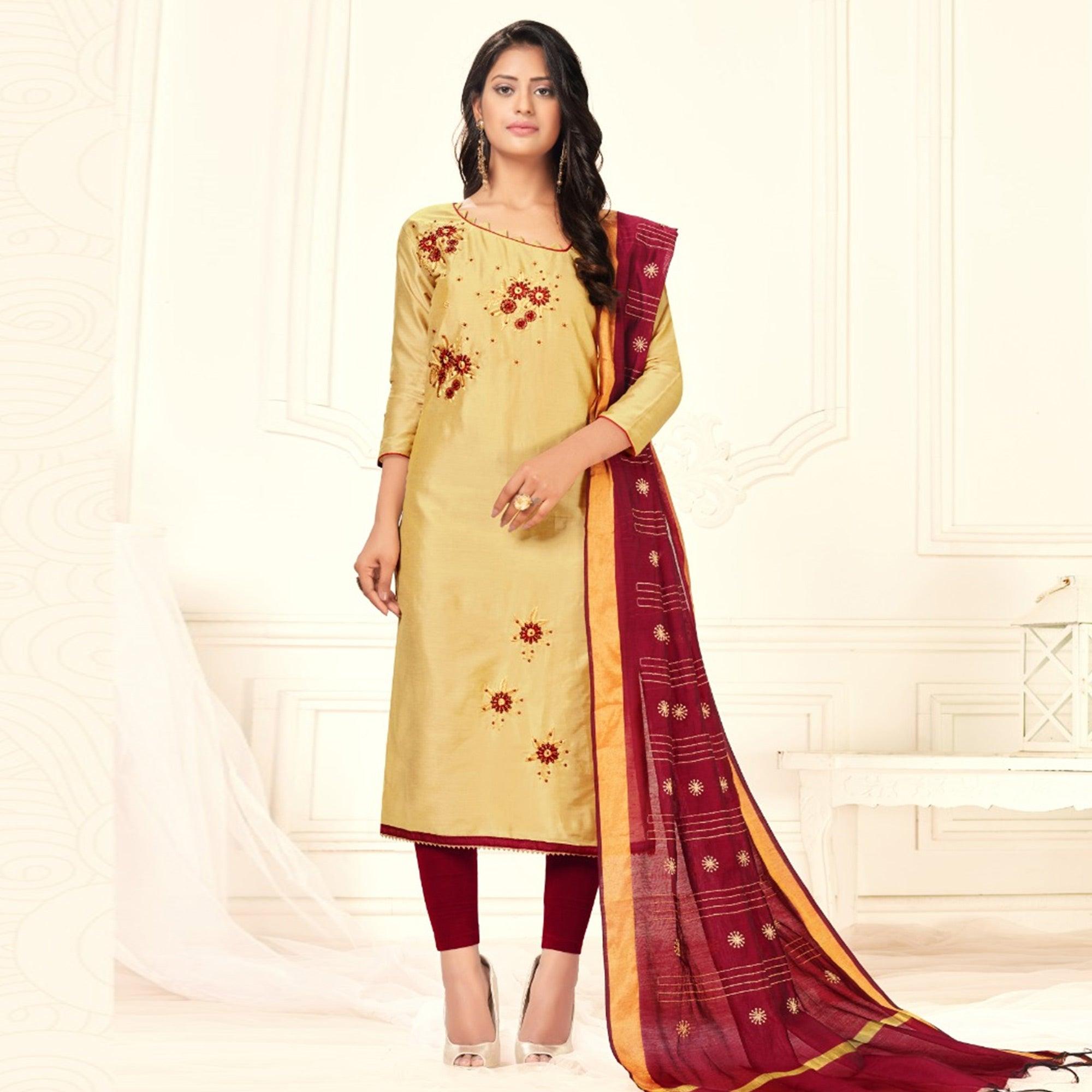 Blooming Cream Colored Casual Wear Embroidered Cotton Dress Material - Peachmode