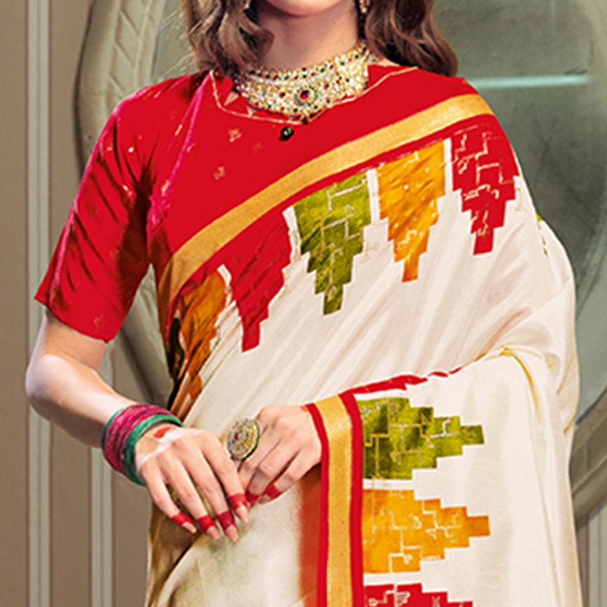 Blooming Cream Colored Festive Wear Patola Silk saree - Peachmode