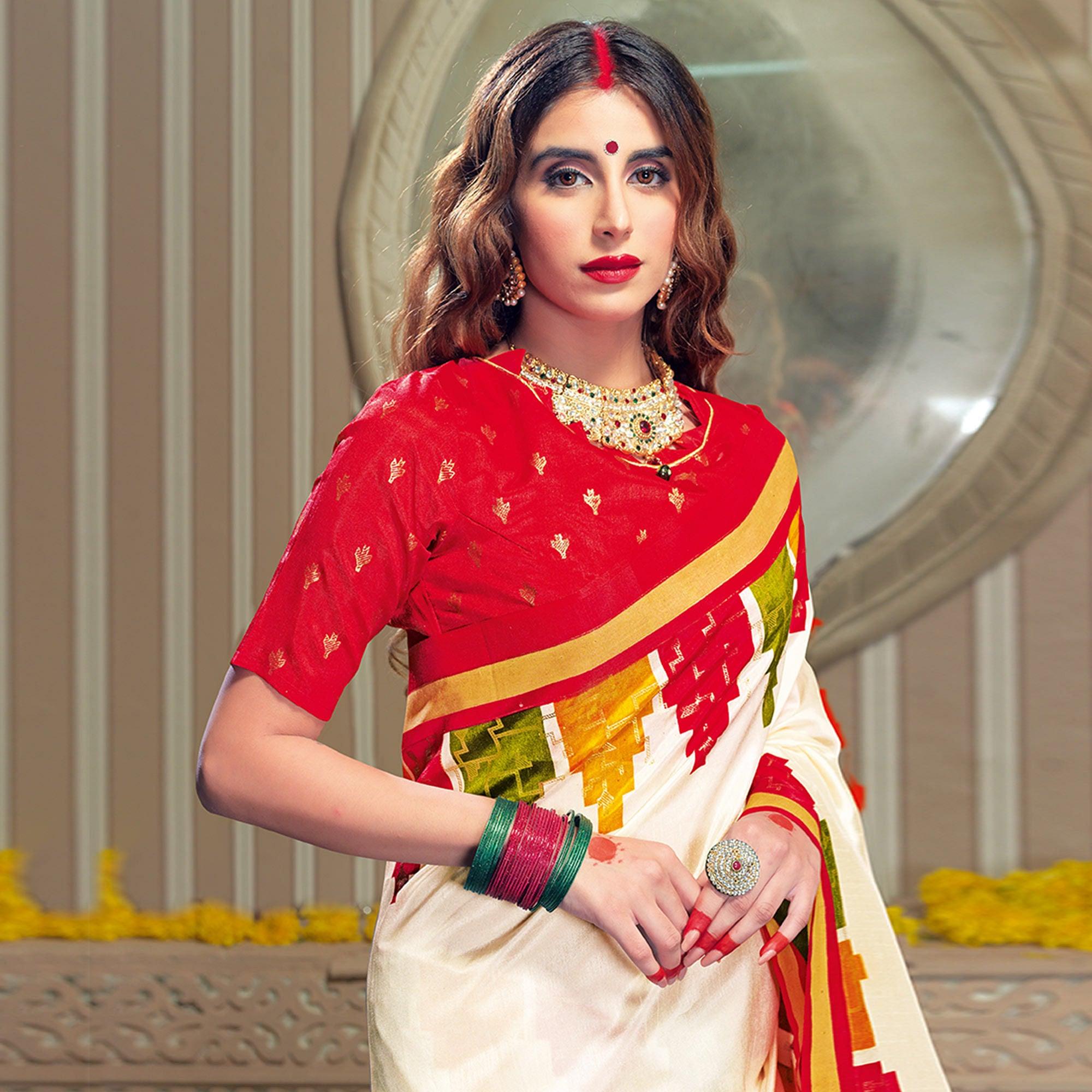 Blooming Cream Colored Festive Wear Patola Silk saree - Peachmode
