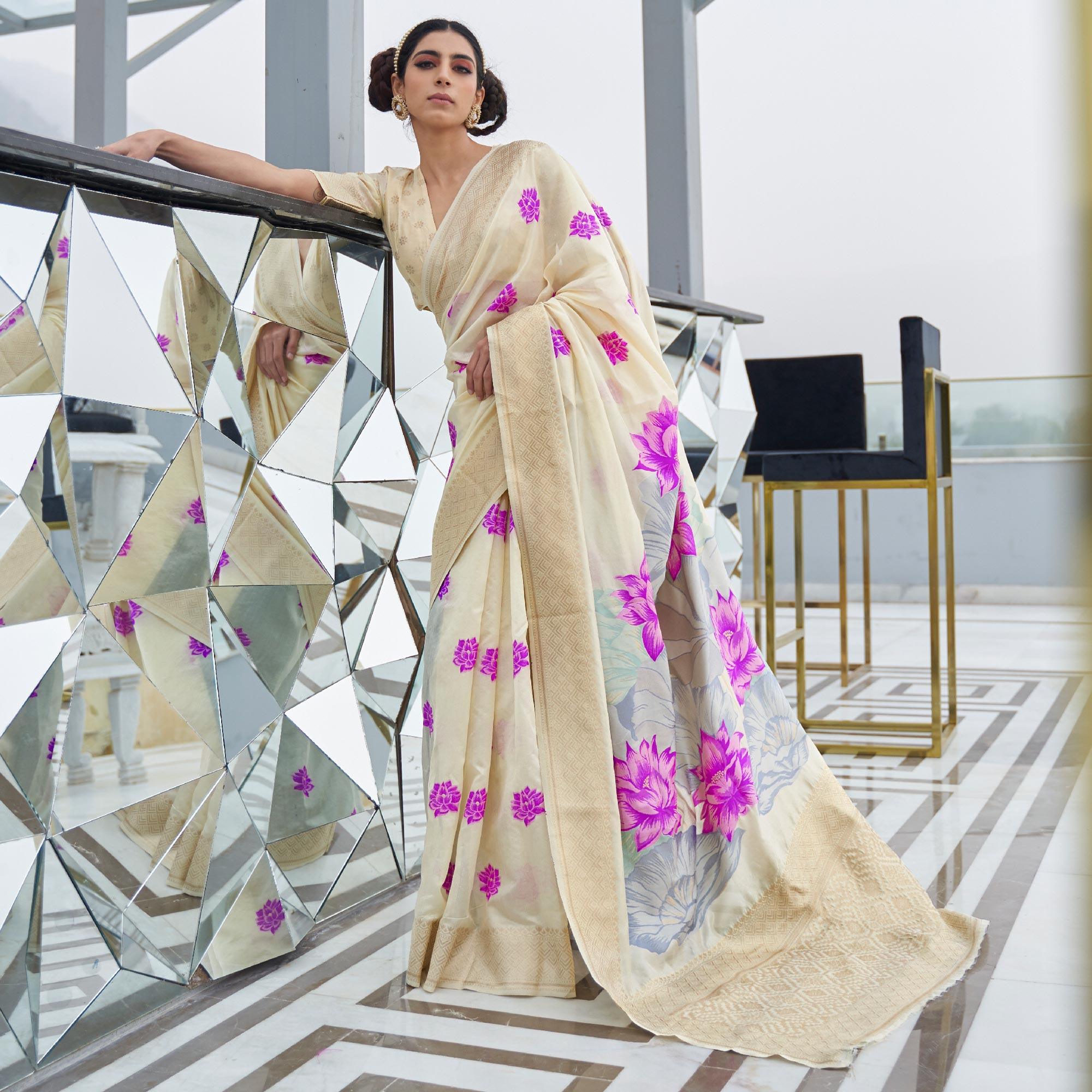 Blooming Cream Colored Festive Wear Printed Dola Weaving Art Silk Saree - Peachmode