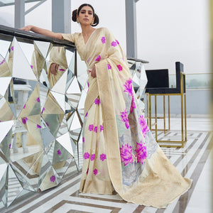 Blooming Cream Colored Festive Wear Printed Dola Weaving Art Silk Saree - Peachmode
