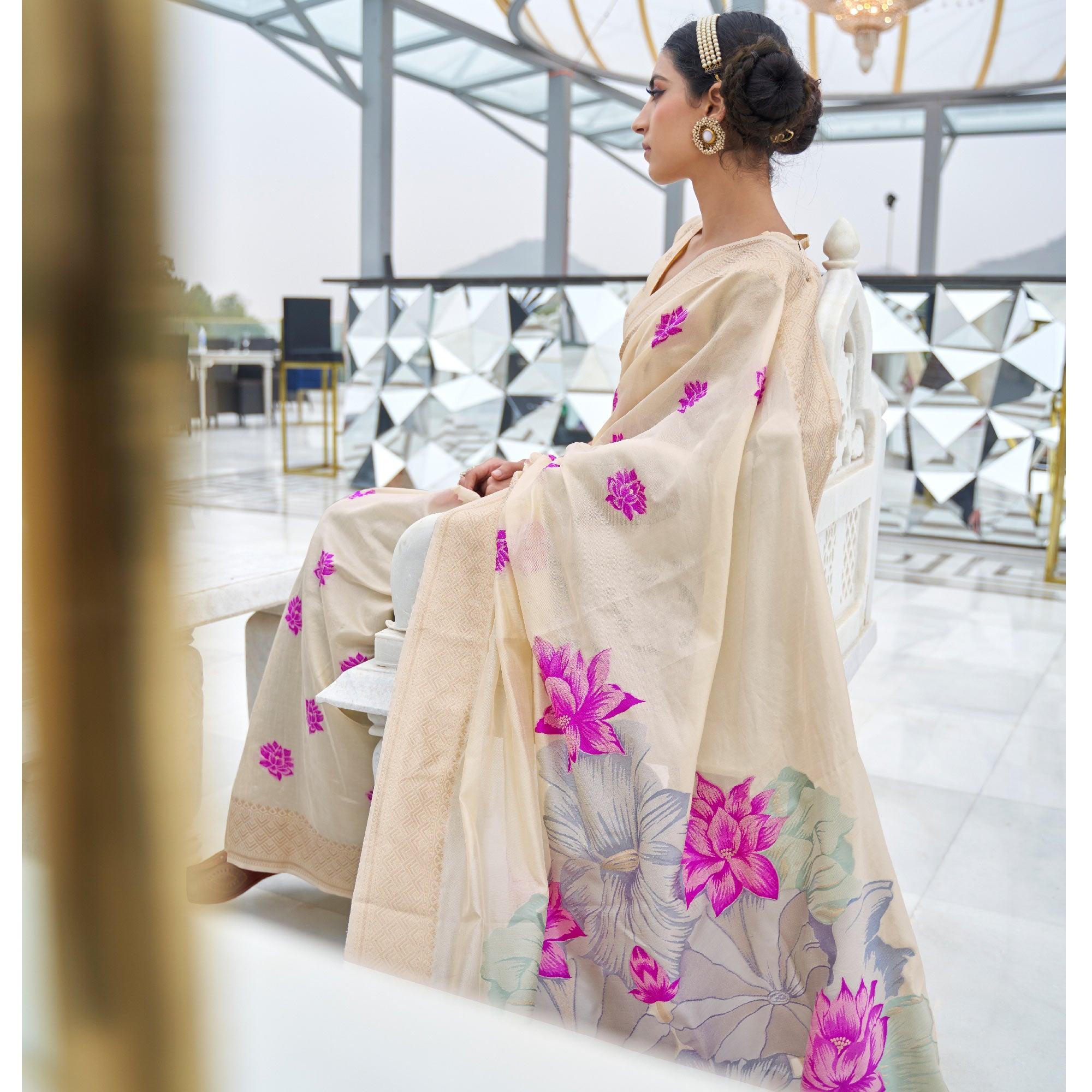 Blooming Cream Colored Festive Wear Printed Dola Weaving Art Silk Saree - Peachmode