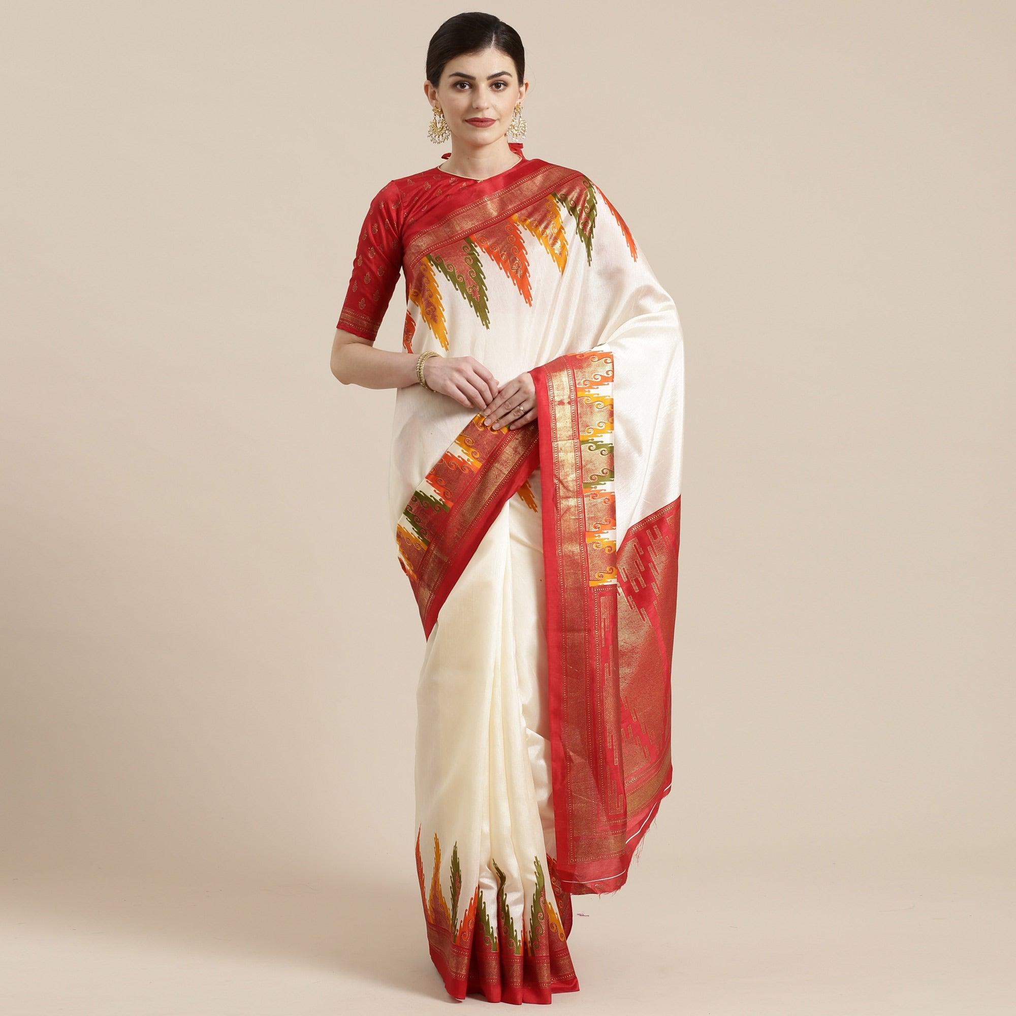 Blooming Cream-Red Colored Festive Wear Tample Foli Print Patola Silk Saree - Peachmode