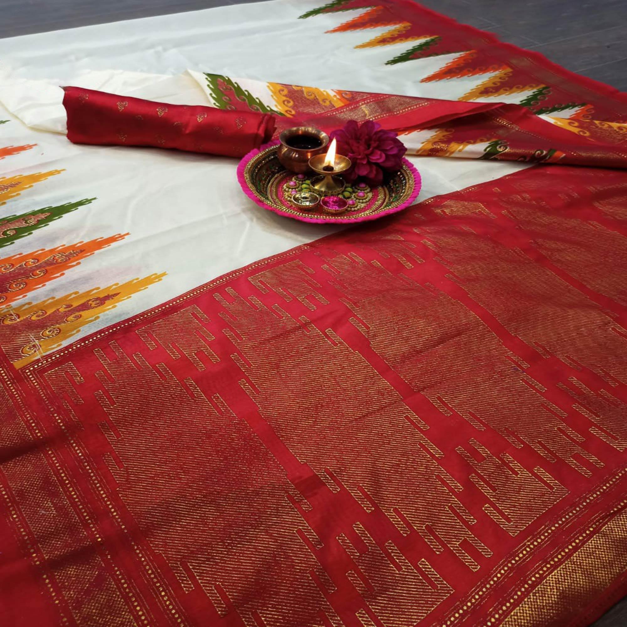 Blooming Cream-Red Colored Festive Wear Tample Foli Print Patola Silk Saree - Peachmode