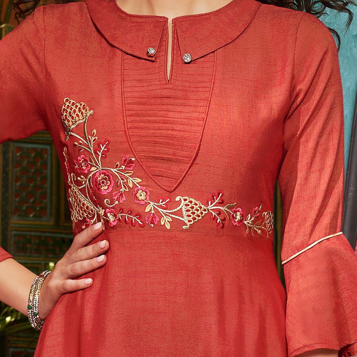 Blooming Dark Peach Colored Partywear Embroidered Two Tone Cotton Silk Slub Kurti Palazzo Set - Peachmode