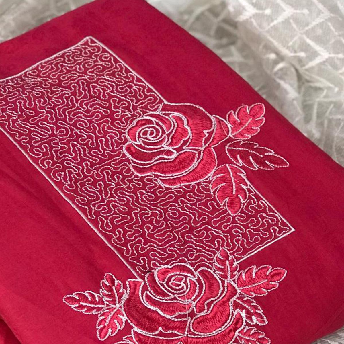 Blooming Dark Pink Colored Casual Embroidered Cotton Dress Material - Peachmode