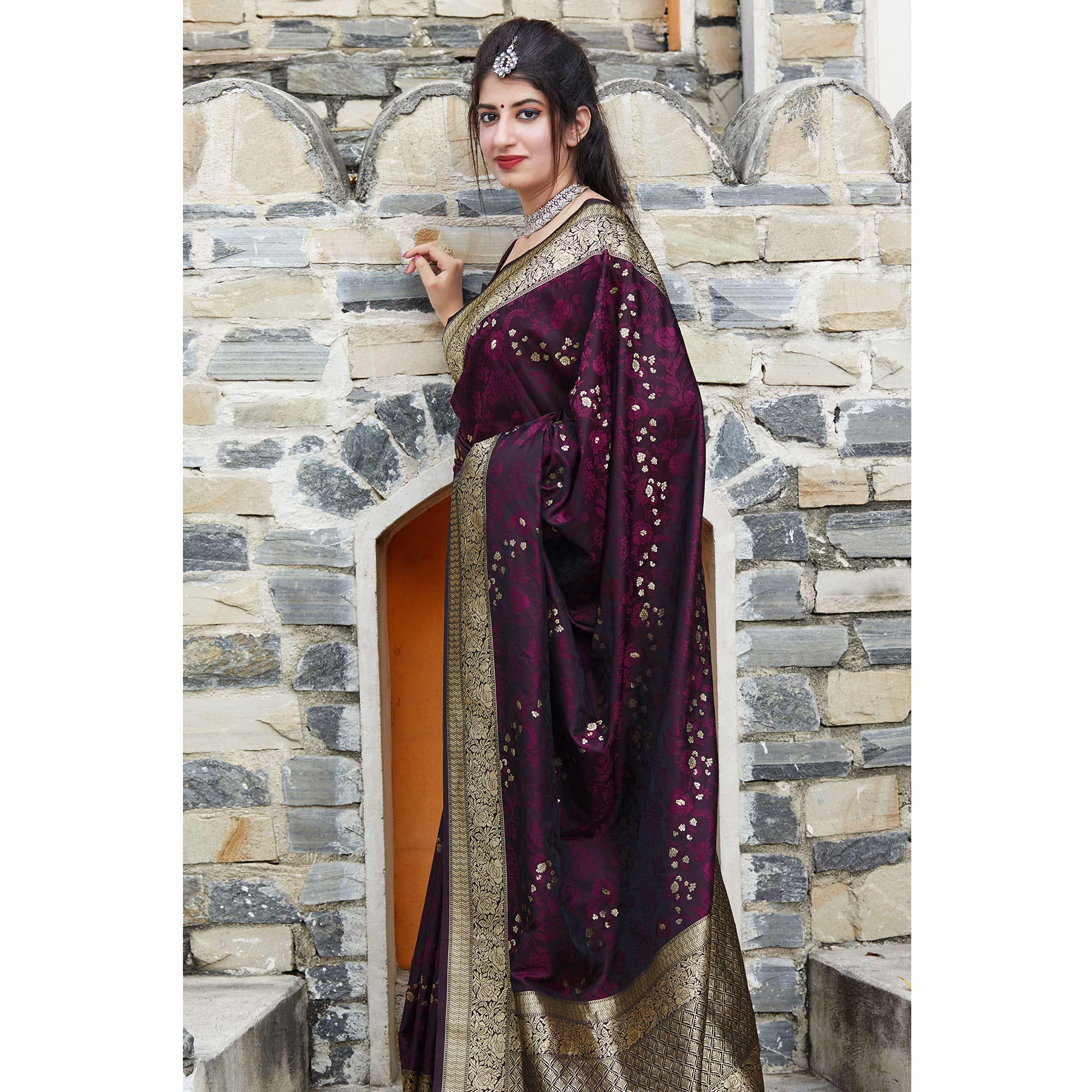 Blooming Dark Purple Colored Festive Wear Woven Banarasi Silk Saree - Peachmode