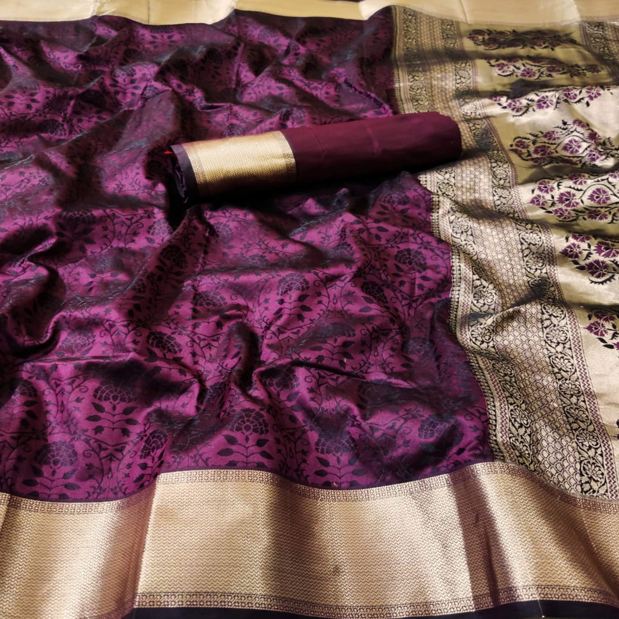 Blooming Dark Purple Colored Festive Wear Woven Heavy Silk Saree - Peachmode