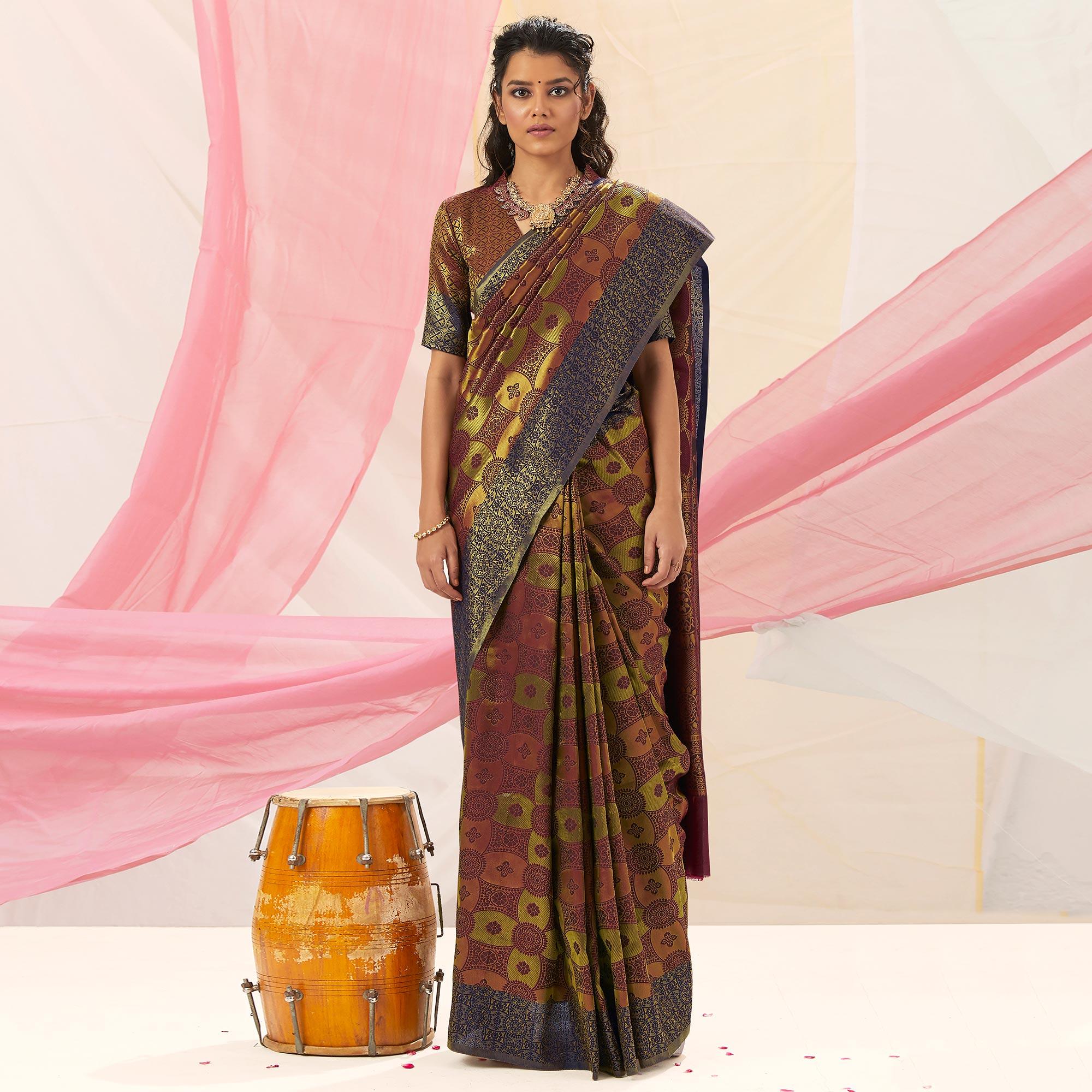 Blooming Green - Brown Colored Festive Wear Woven Soft Silk Saree - Peachmode