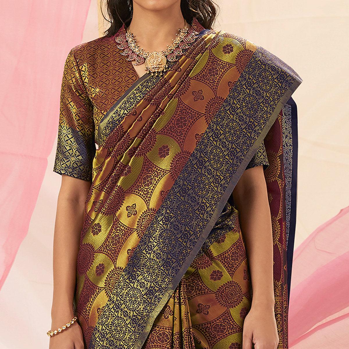 Blooming Green - Brown Colored Festive Wear Woven Soft Silk Saree - Peachmode