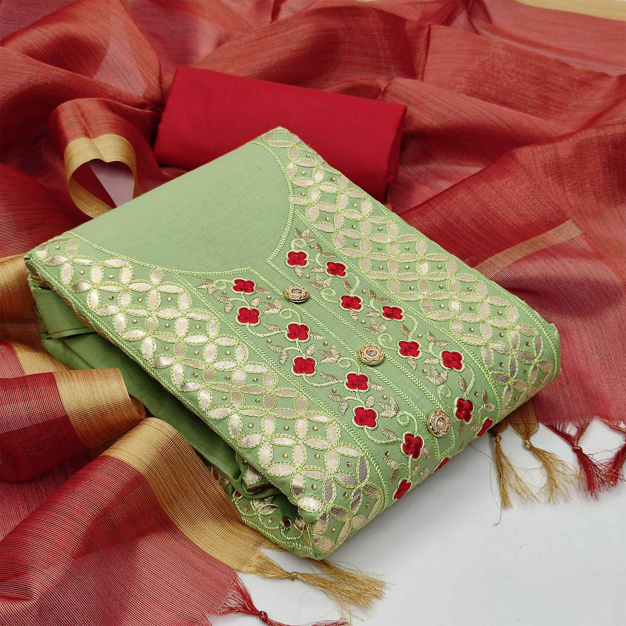 Blooming Green Colored Casual Embroidered Cotton Dress Material - Peachmode