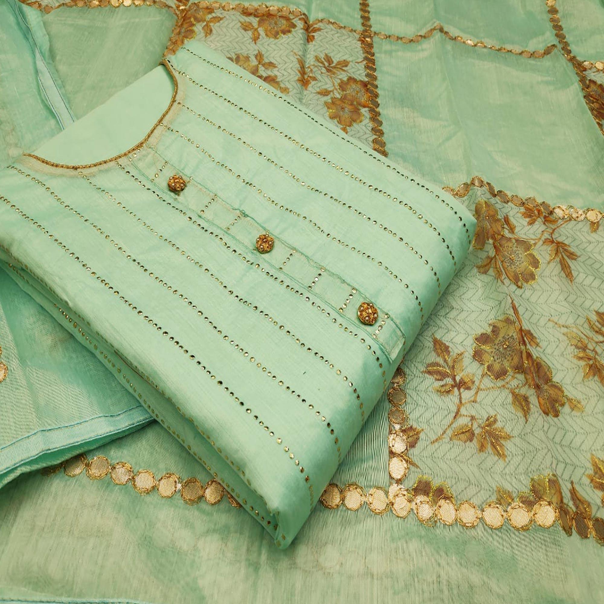 Blooming Green Colored Casual Wear Embroidered Modal Silk Dress Material - Peachmode