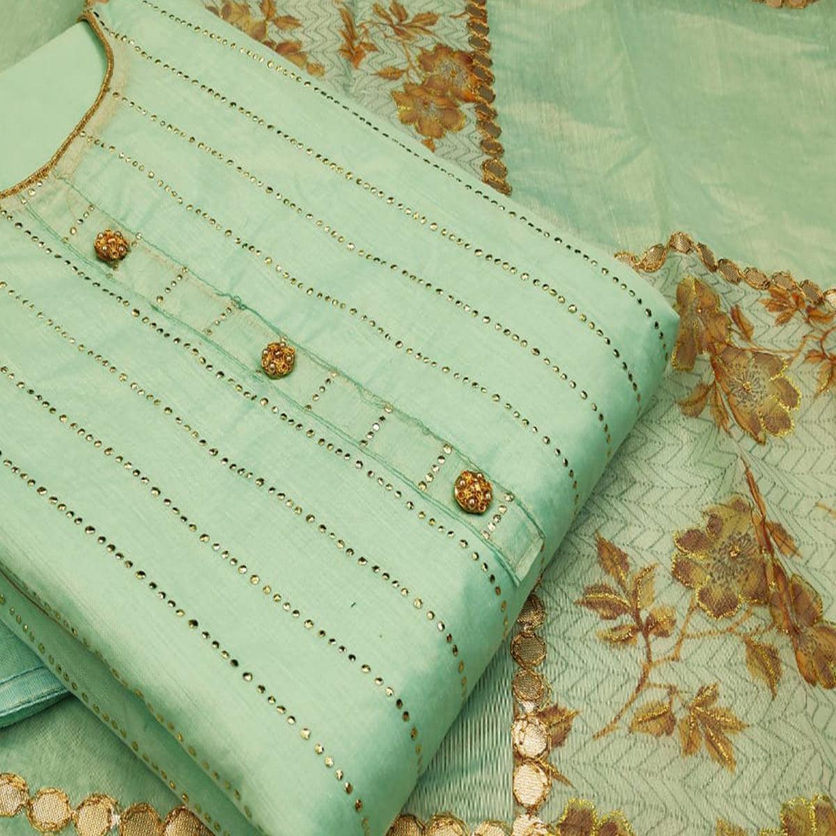 Blooming Green Colored Casual Wear Embroidered Modal Silk Dress Material - Peachmode