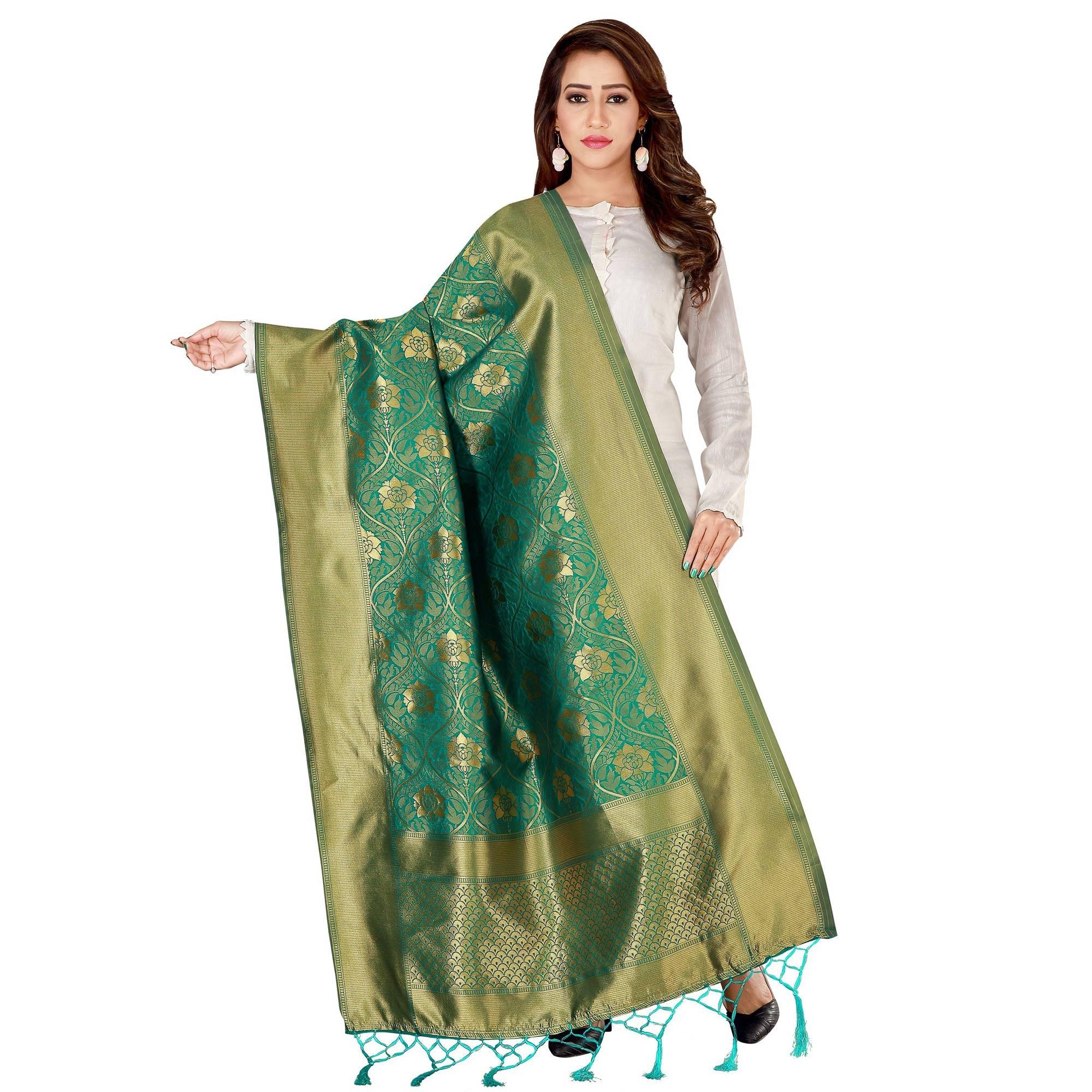 Blooming Green Colored Festive Wear Banarasi Silk Dupatta - Peachmode