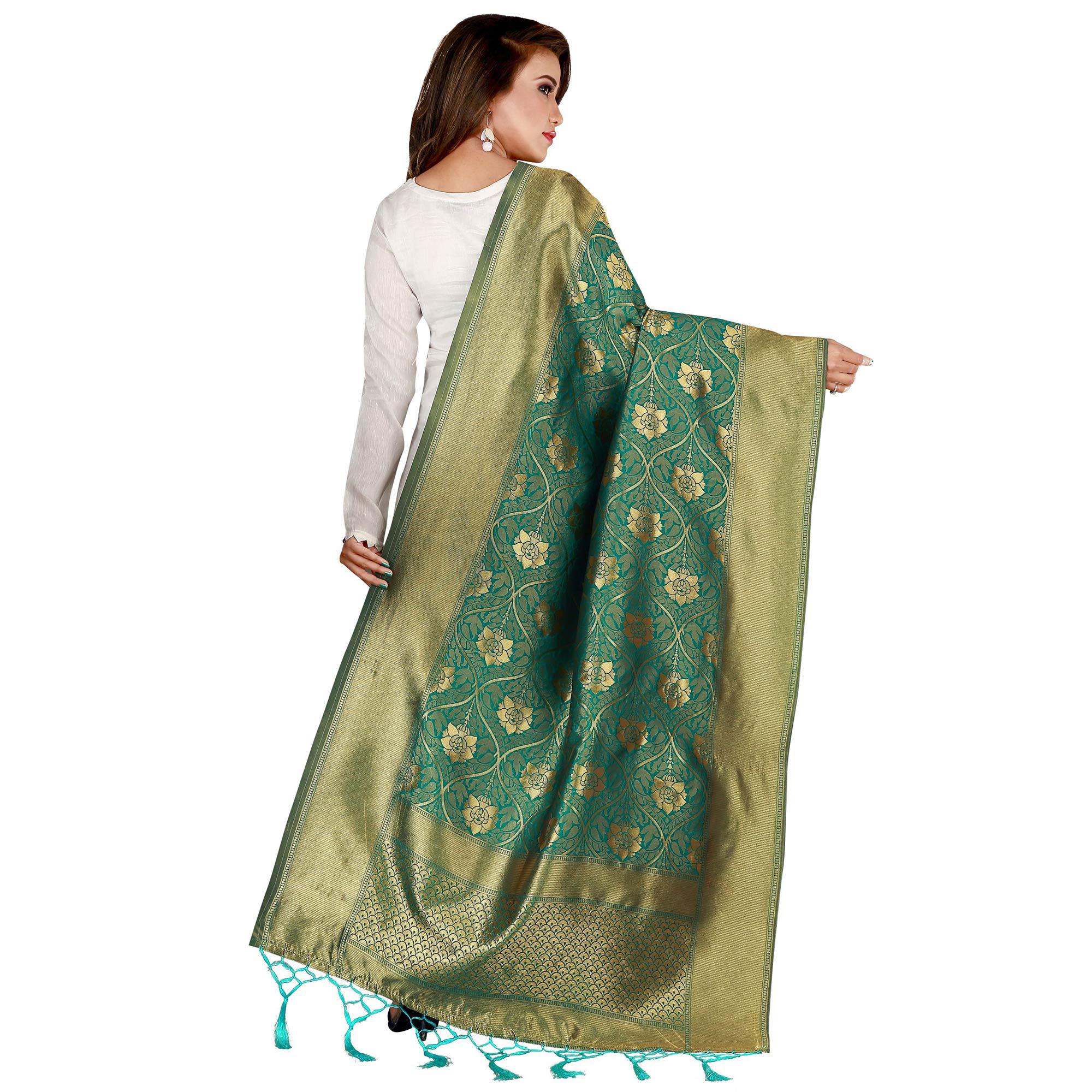 Blooming Green Colored Festive Wear Banarasi Silk Dupatta - Peachmode