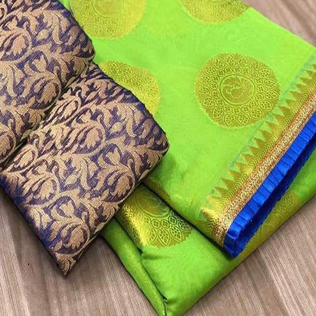 Blooming Green Colored Festive Wear Foil Printed Chanderi Silk Saree - Peachmode