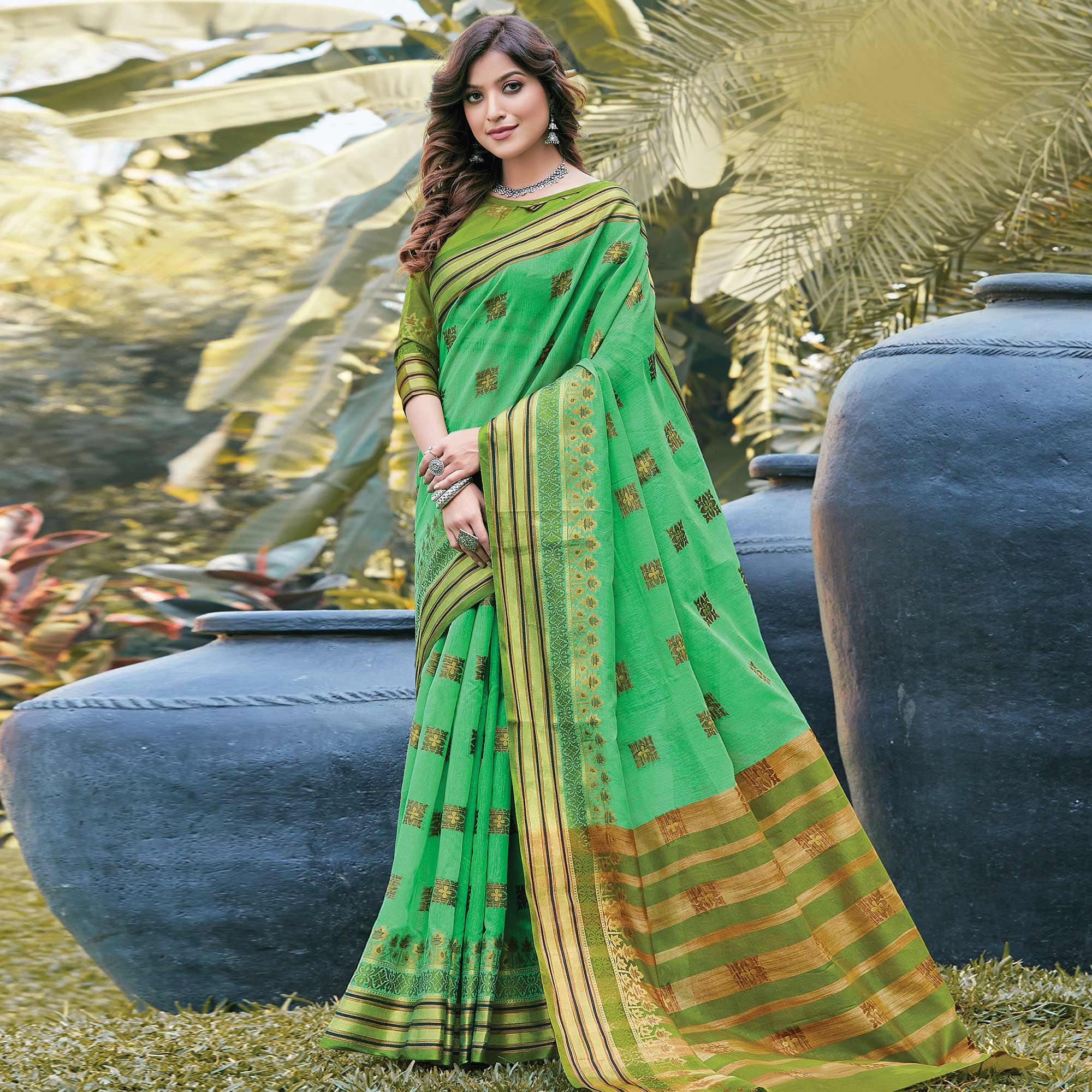 Blooming Green Colored Festive Wear Woven Cotton Saree - Peachmode