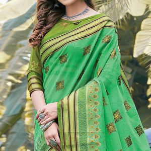 Blooming Green Colored Festive Wear Woven Cotton Saree - Peachmode