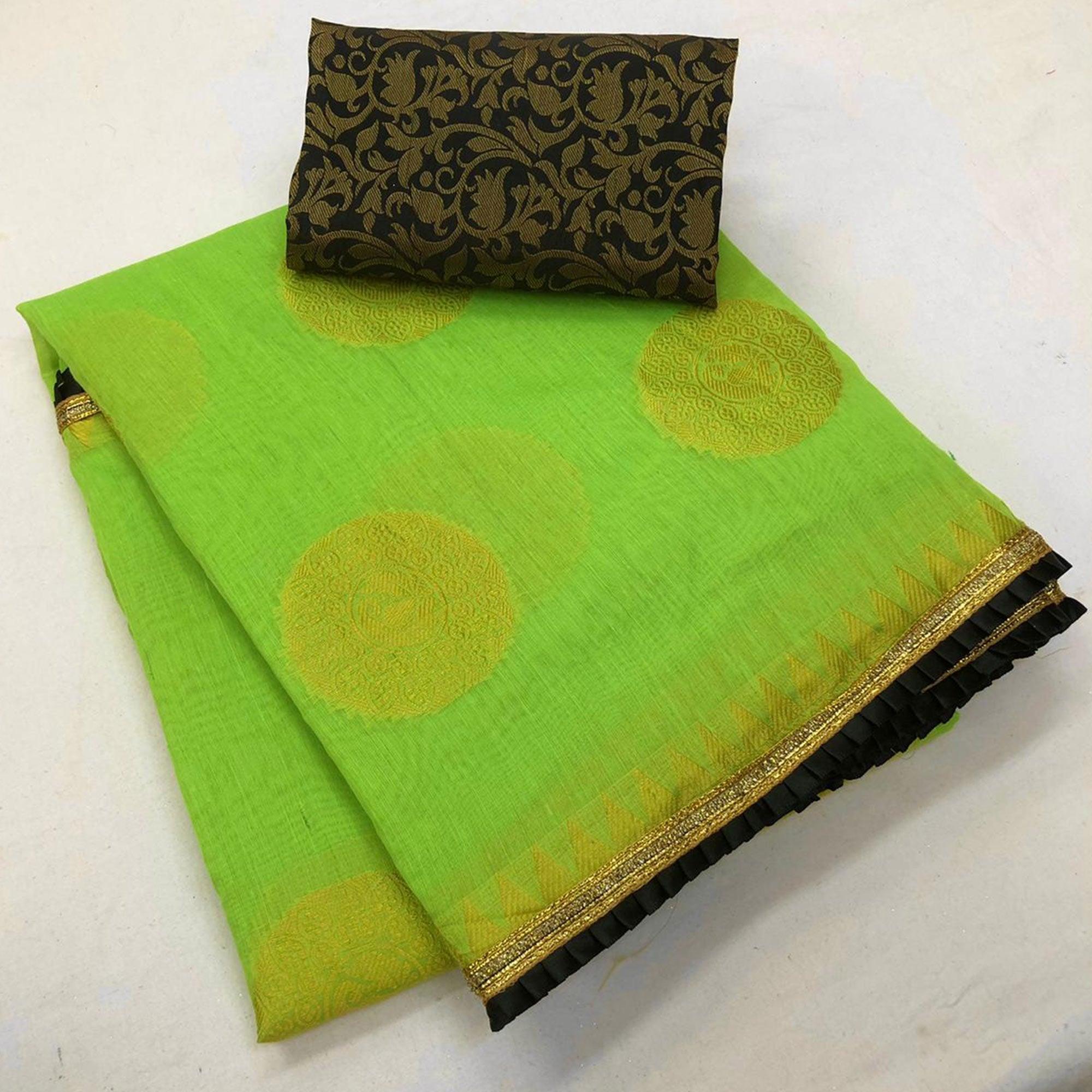 Blooming Green Colored Festive Wear Woven Cotton Saree - Peachmode