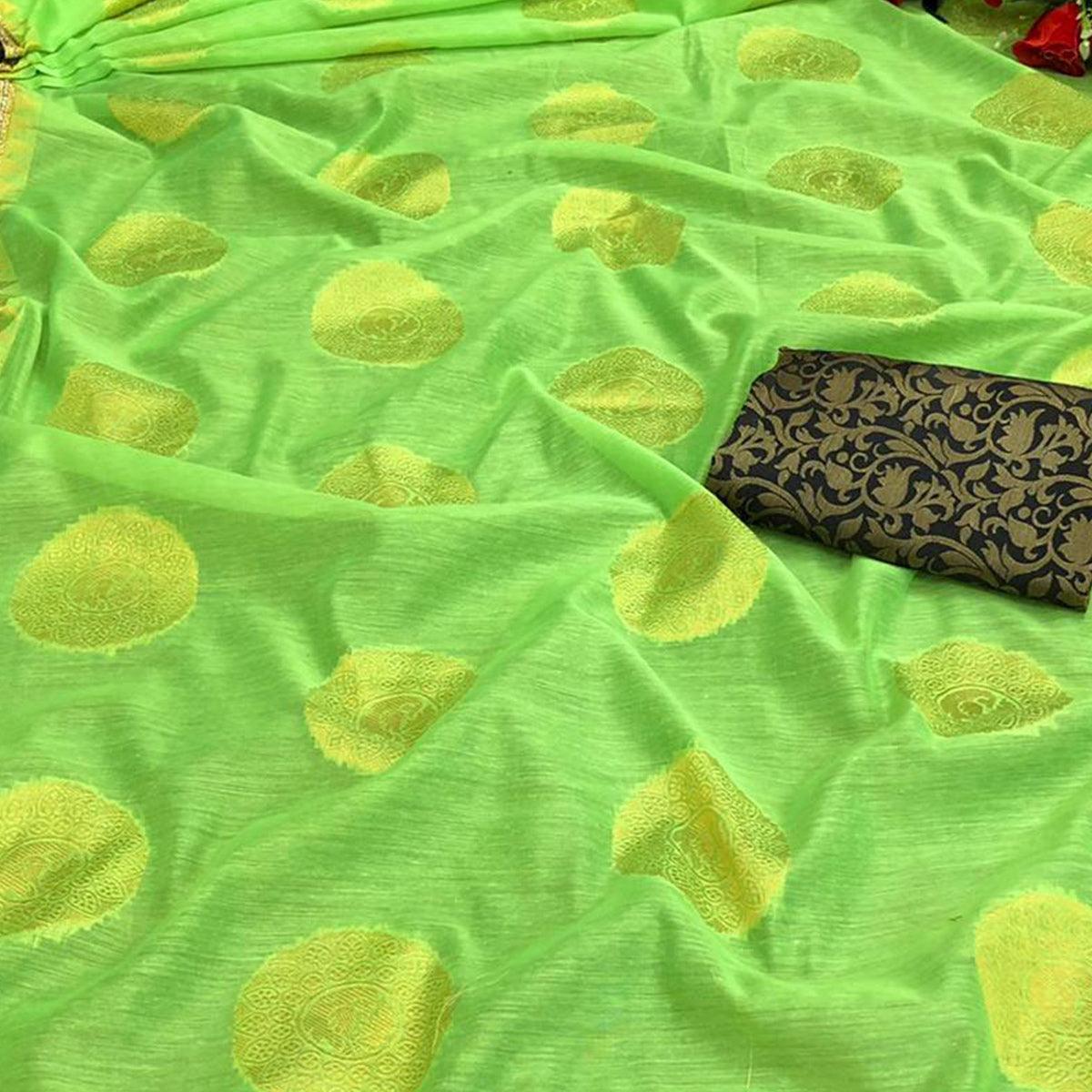 Blooming Green Colored Festive Wear Woven Cotton Saree - Peachmode