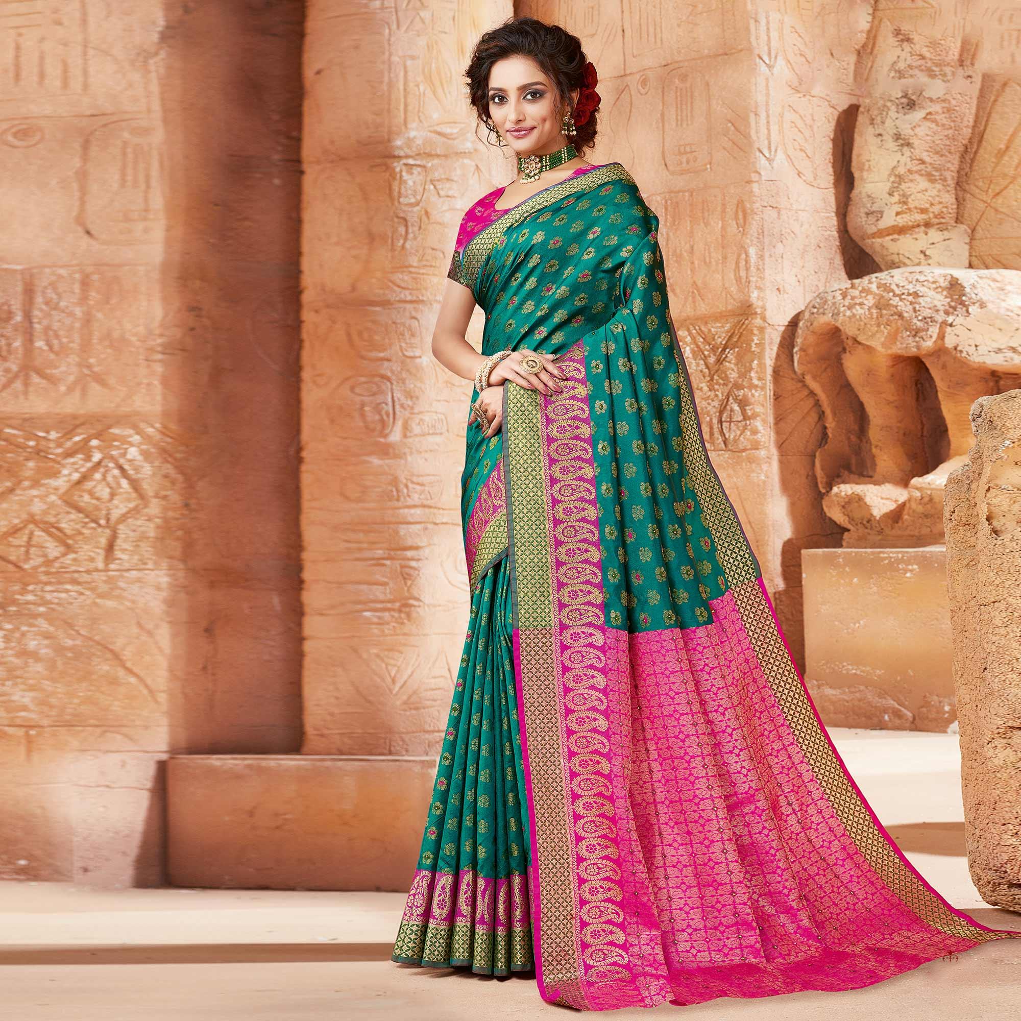 Blooming Green Colored Festive Wear Woven Handloom Silk Saree - Peachmode