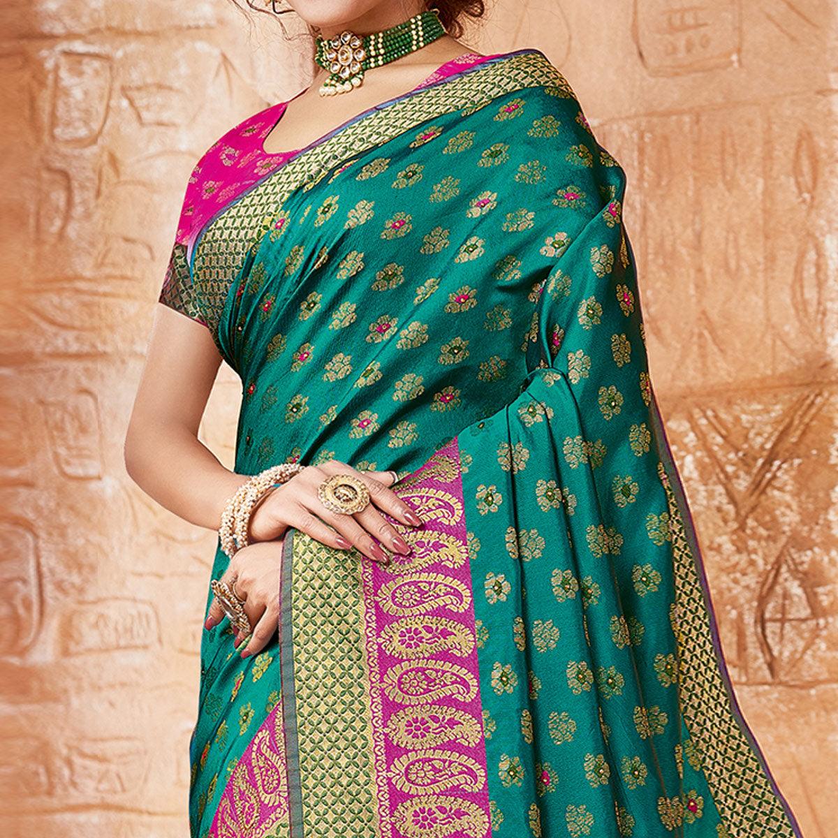Blooming Green Colored Festive Wear Woven Handloom Silk Saree - Peachmode