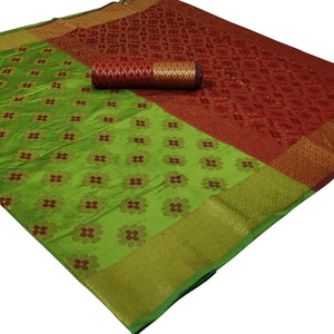 Blooming Green Colored Festive Wear Woven Silk Saree - Peachmode