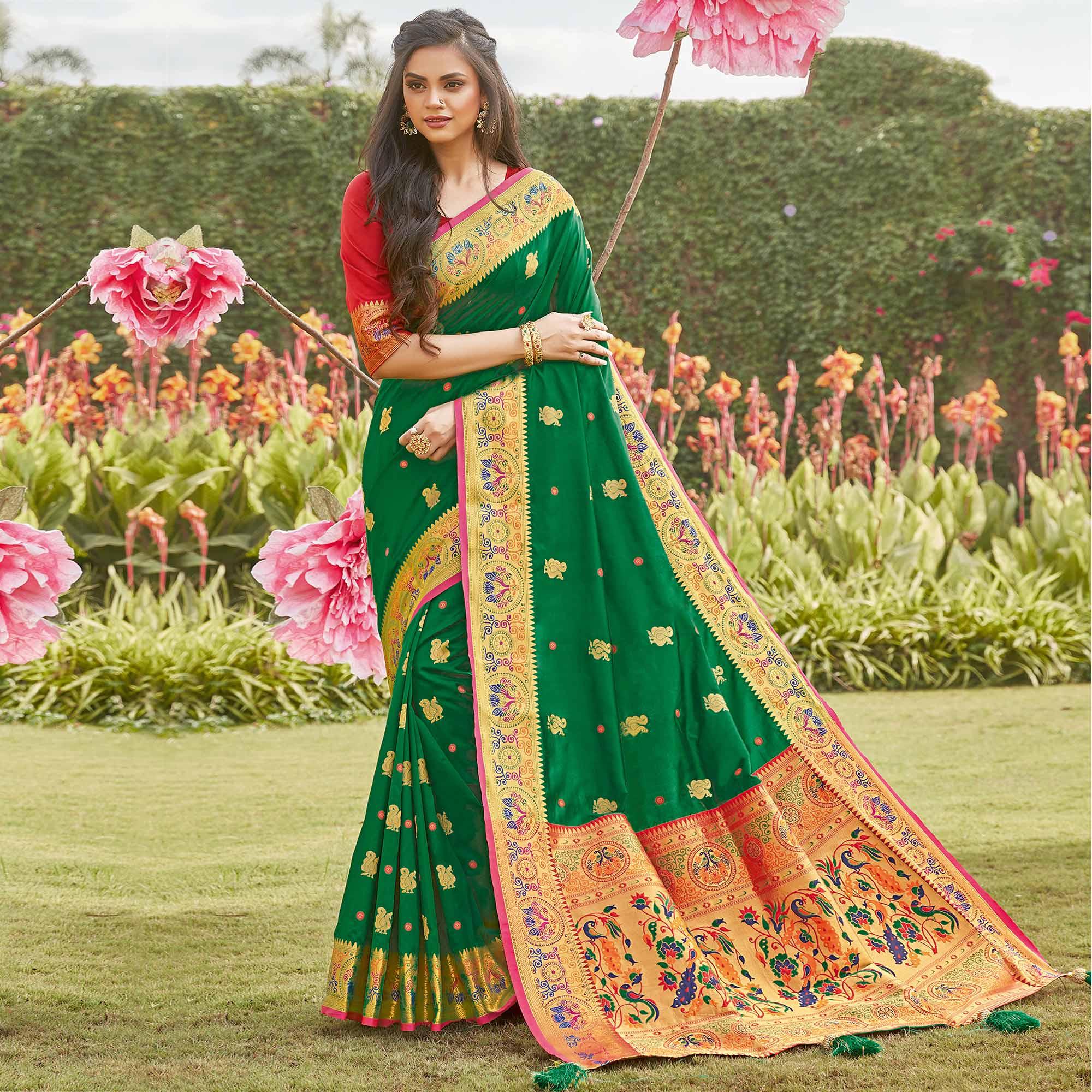 Blooming Green Coloured Partywear Woven Silk Saree - Peachmode