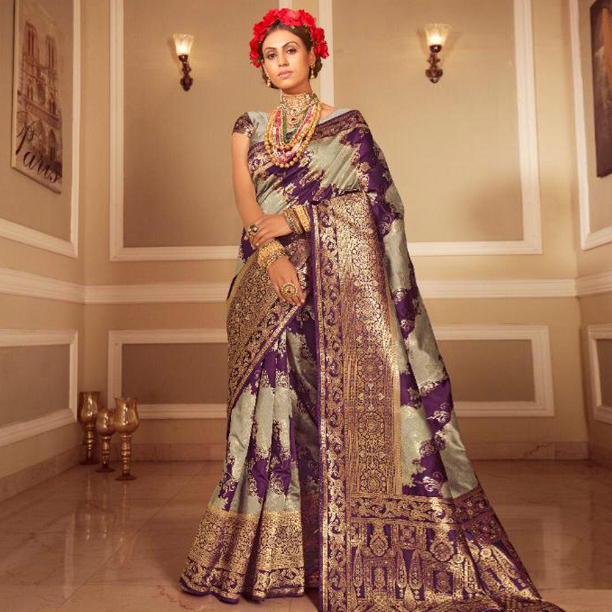 Blooming Grey & Purple Colored Festive Wear Woven Banarasi Silk Saree - Peachmode