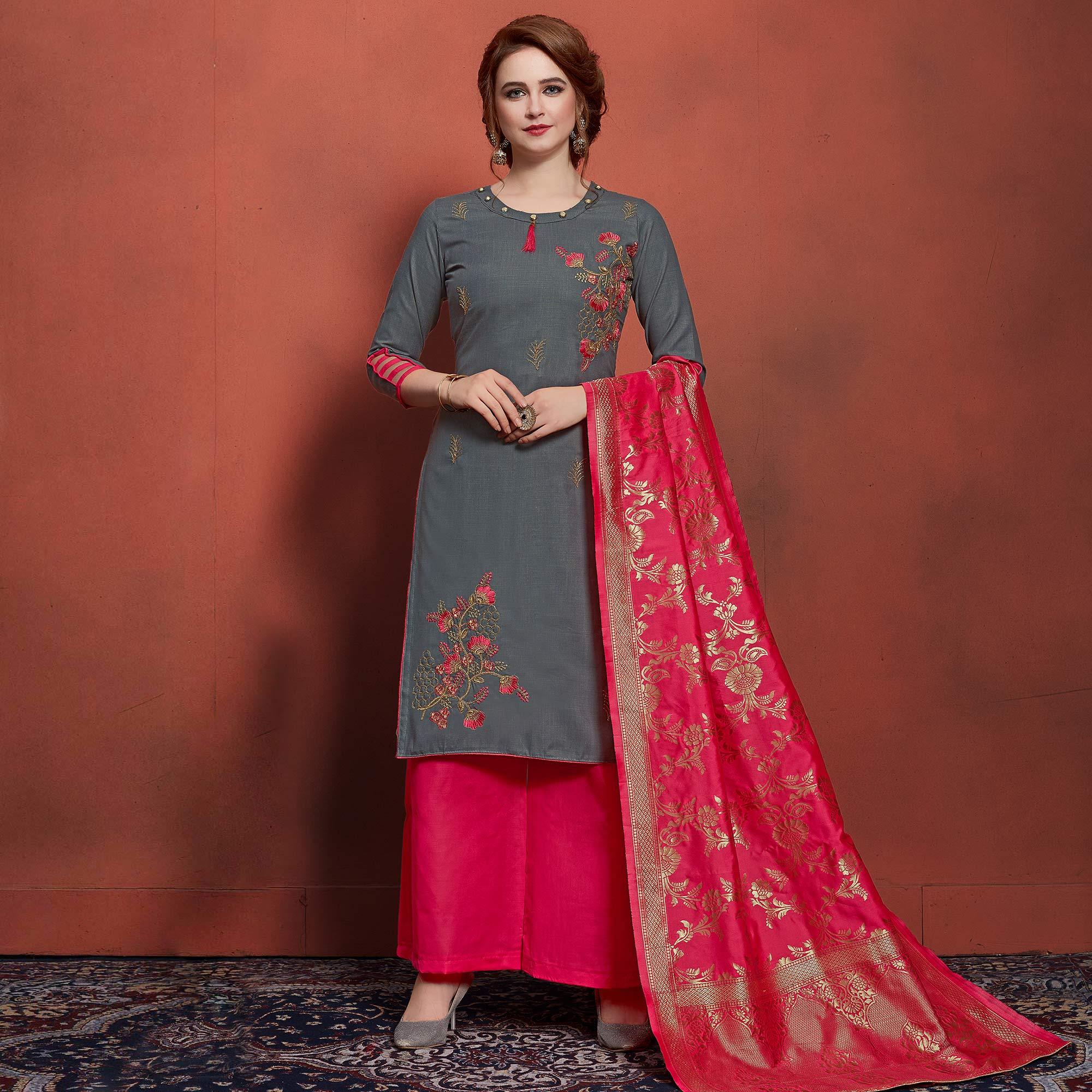 Blooming Grey Colored Festive Wear Embroidered Cotton Dress Material With Banarasi Silk Dupatta - Peachmode