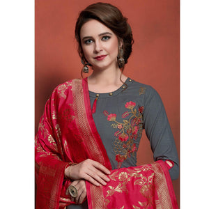 Blooming Grey Colored Festive Wear Embroidered Cotton Dress Material With Banarasi Silk Dupatta - Peachmode