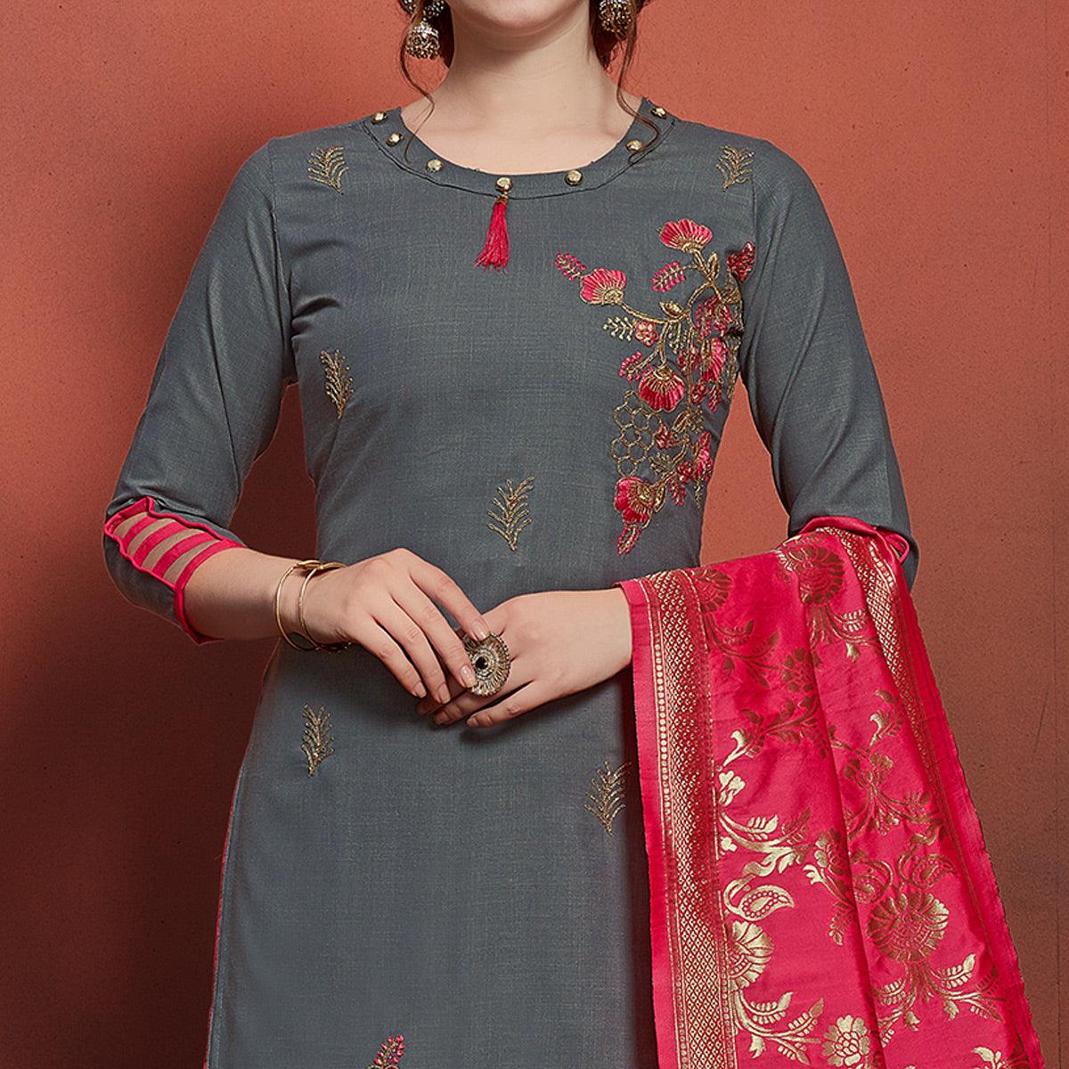 Blooming Grey Colored Festive Wear Embroidered Cotton Dress Material With Banarasi Silk Dupatta - Peachmode