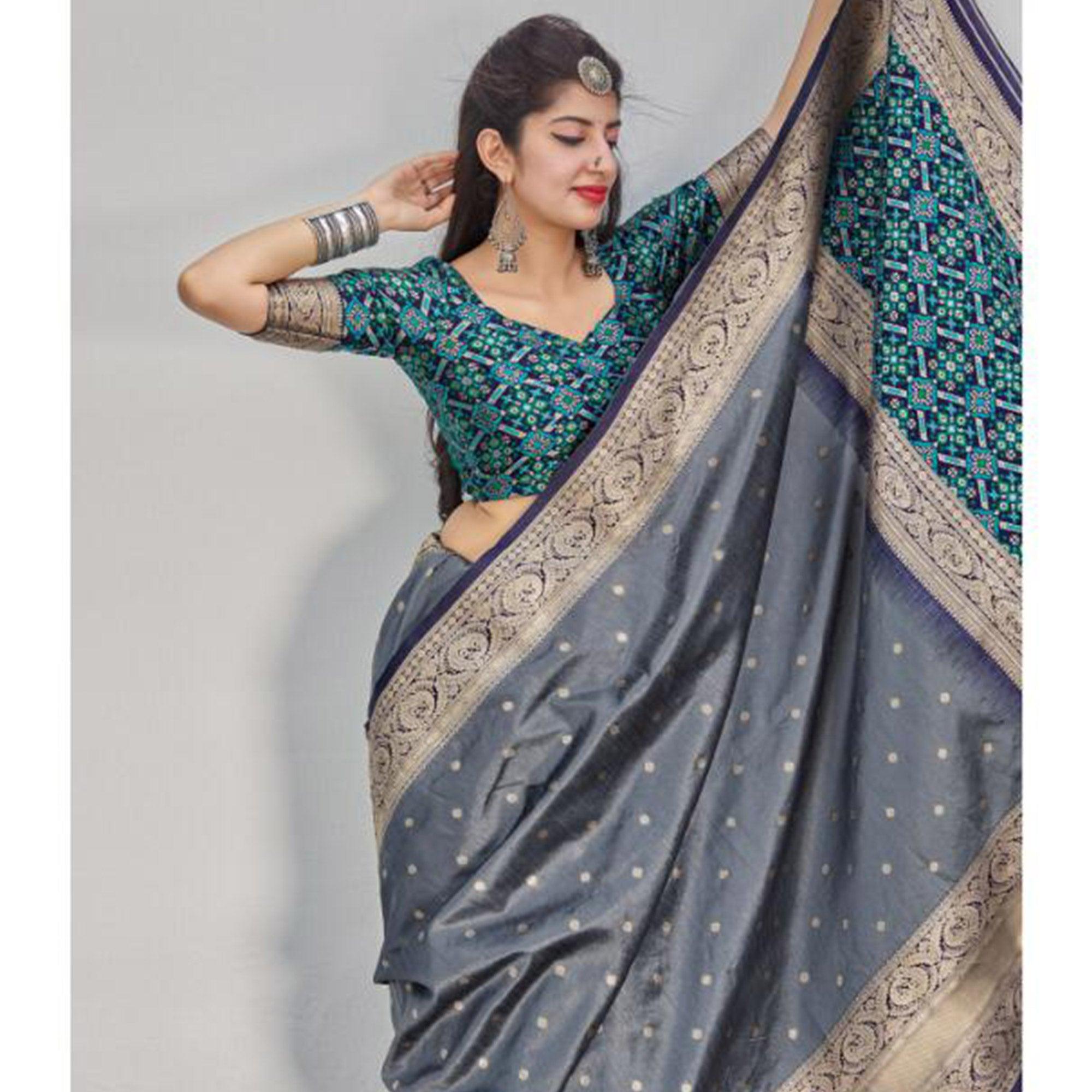 Blooming Grey Colored Festive Wear Woven Banarasi Art Silk Saree - Peachmode