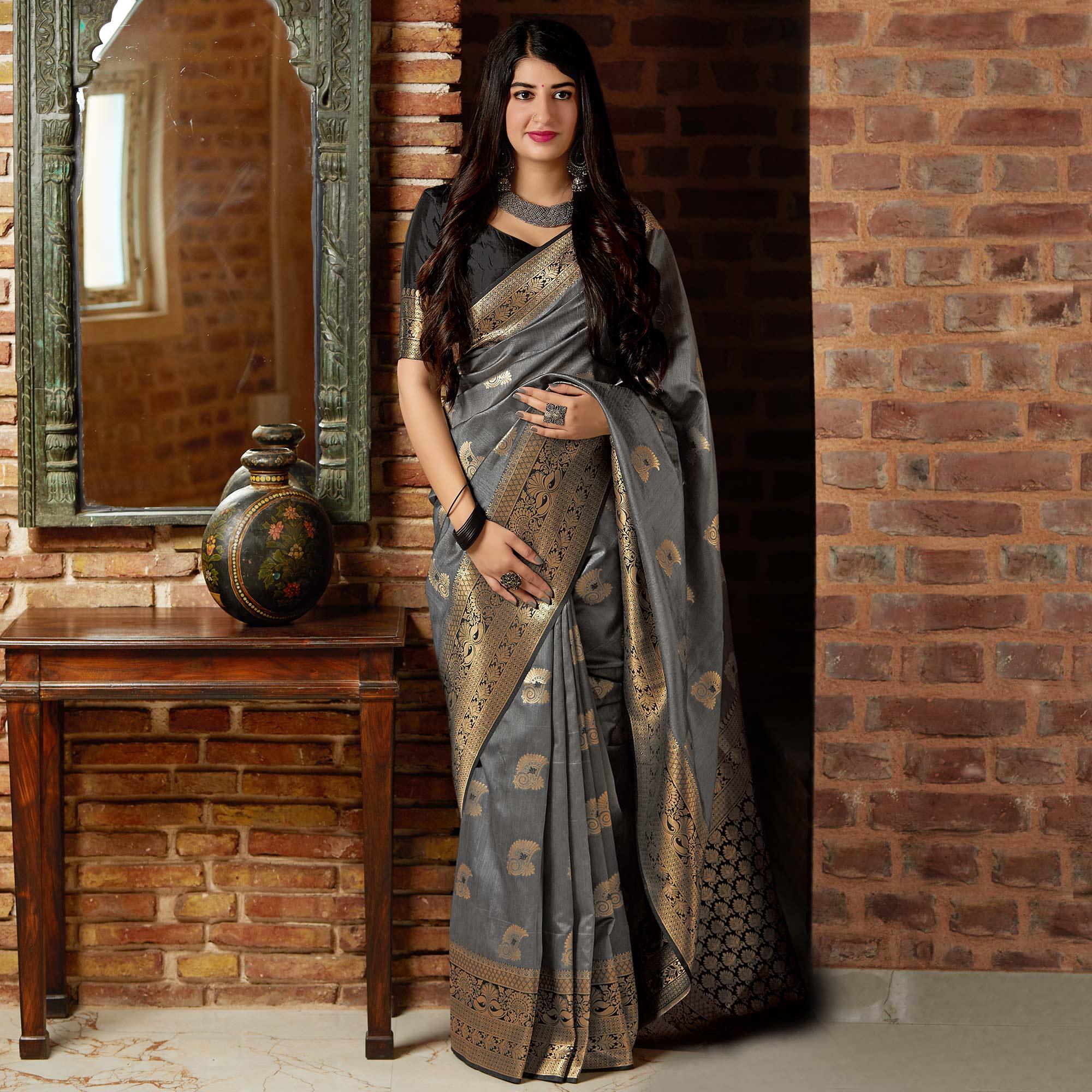 Blooming Grey Colored Festive Wear Woven Banarasi Silk Saree - Peachmode
