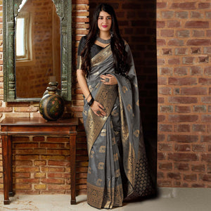 Blooming Grey Colored Festive Wear Woven Banarasi Silk Saree - Peachmode