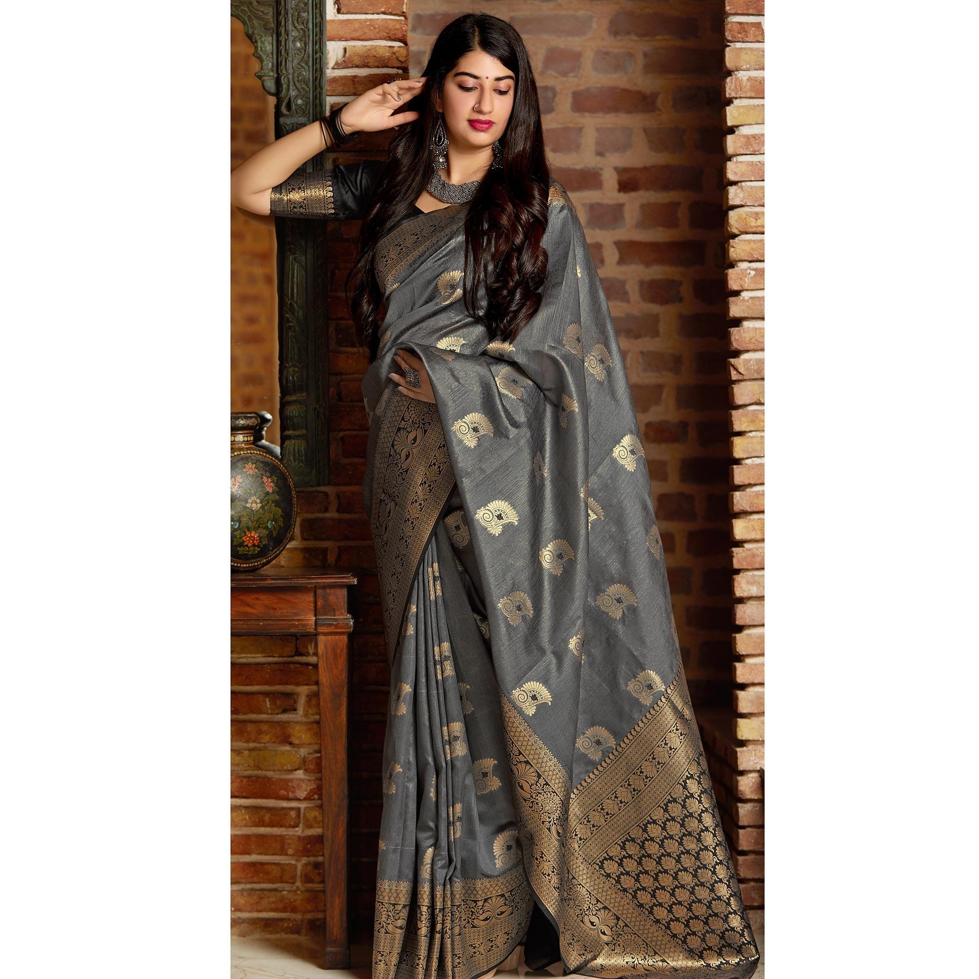 Blooming Grey Colored Festive Wear Woven Banarasi Silk Saree - Peachmode