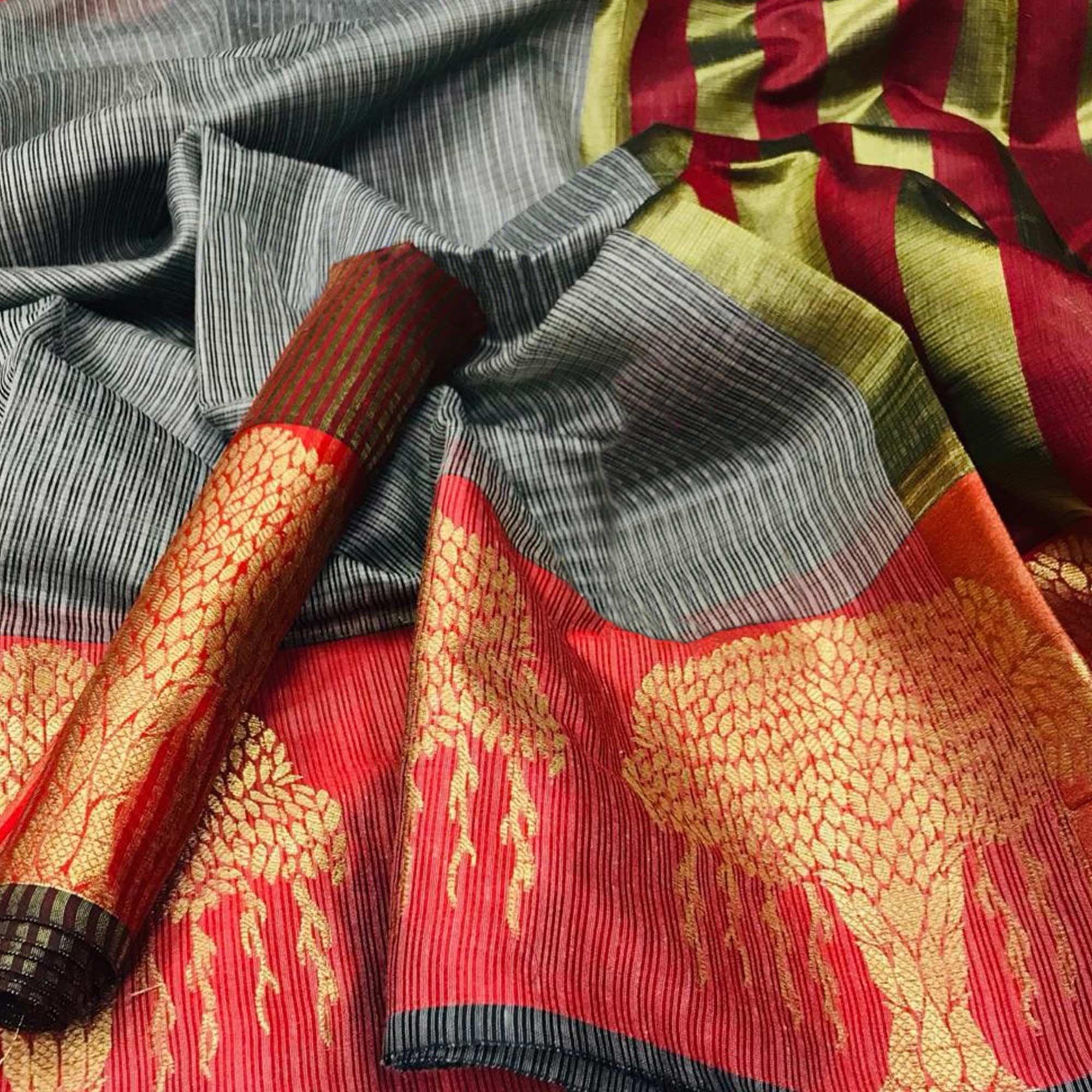 Blooming Grey Colored Festive Wear Woven Silk Saree - Peachmode