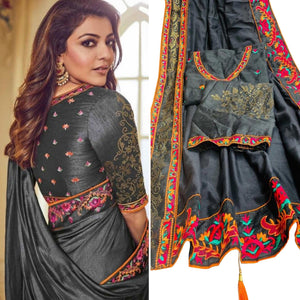Blooming Grey Colored Party Wear Embroidered Art Silk Saree With Tassels - Peachmode