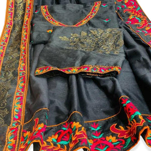 Blooming Grey Colored Party Wear Embroidered Art Silk Saree With Tassels - Peachmode