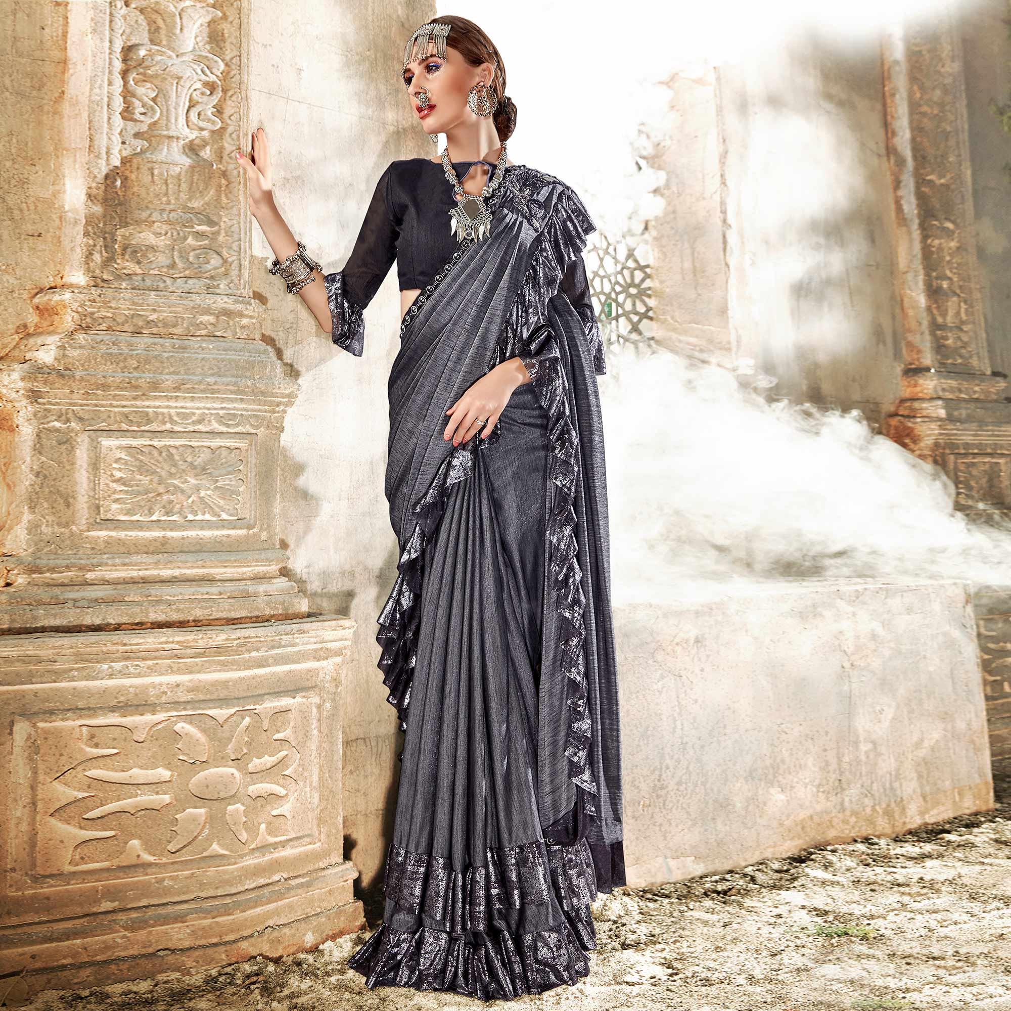 Blooming Grey Colored Party Wear Ruffle Art Silk Saree - Peachmode