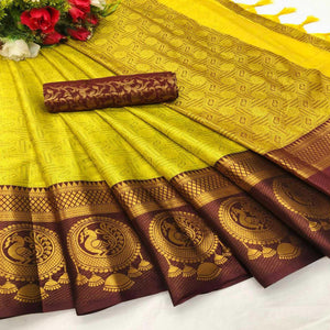 Blooming Lemon Coloured Casual Wear Printed Self Cotton Silk Saree - Peachmode