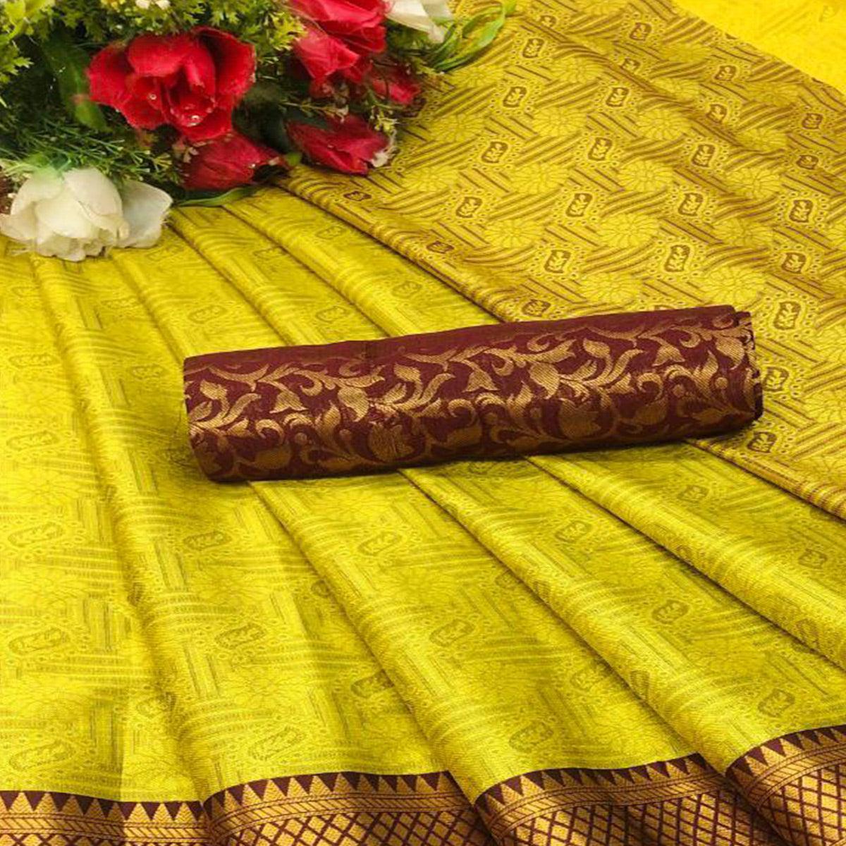 Blooming Lemon Coloured Casual Wear Printed Self Cotton Silk Saree - Peachmode